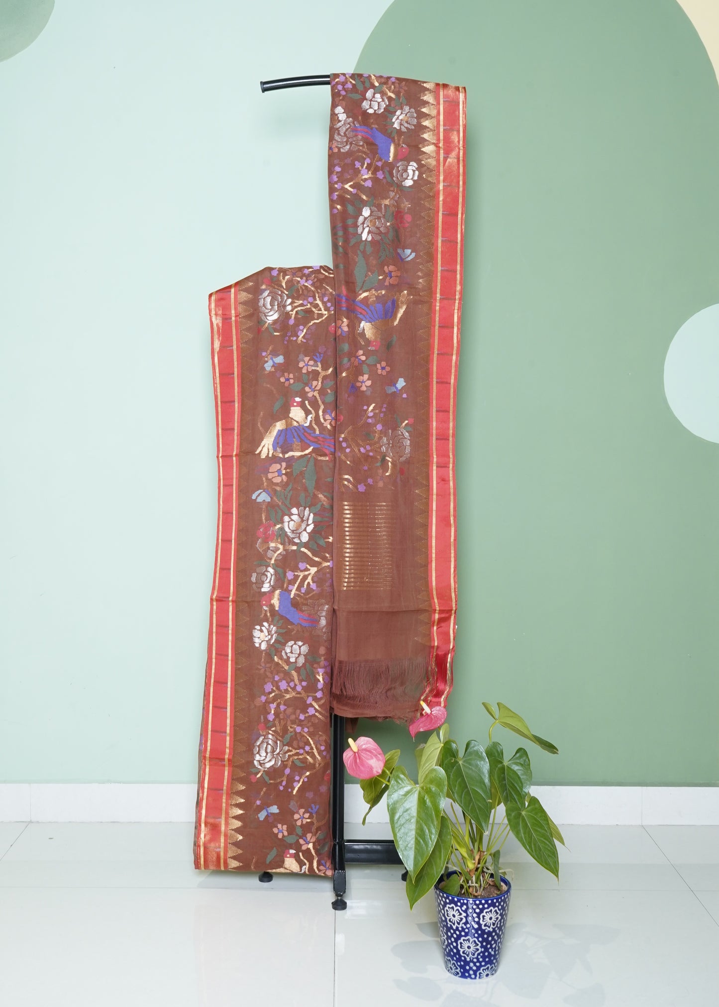 Brown Ponduru All Over Jamdani Pure Cotton Handloom Saree