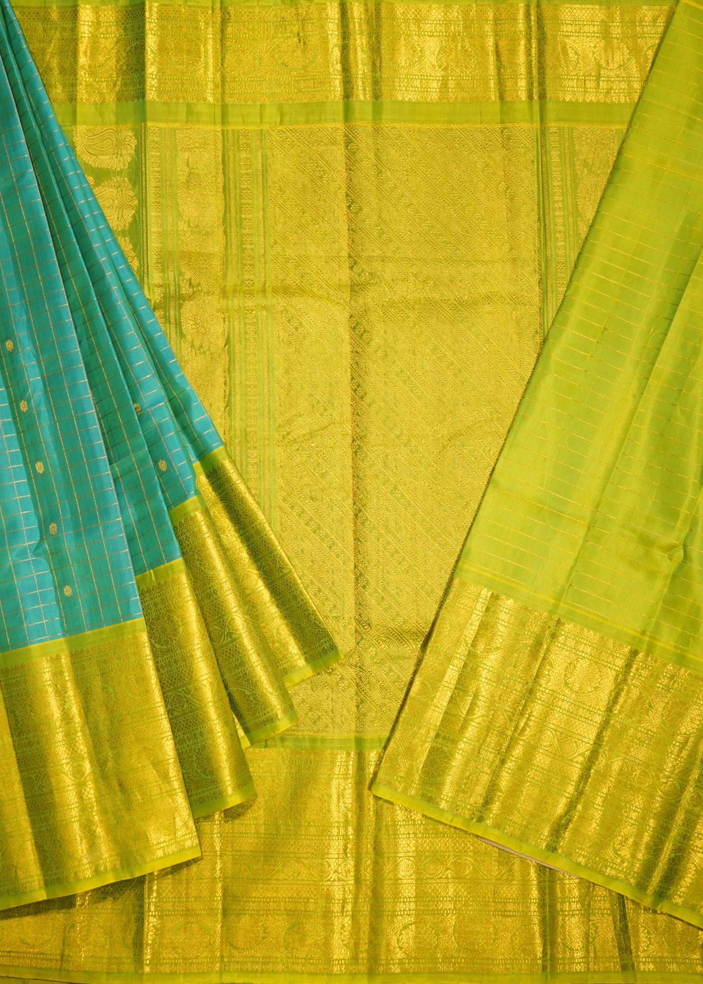 Rama Blue Gadwal Checks Zari Buti Pure Silk Handloom Saree