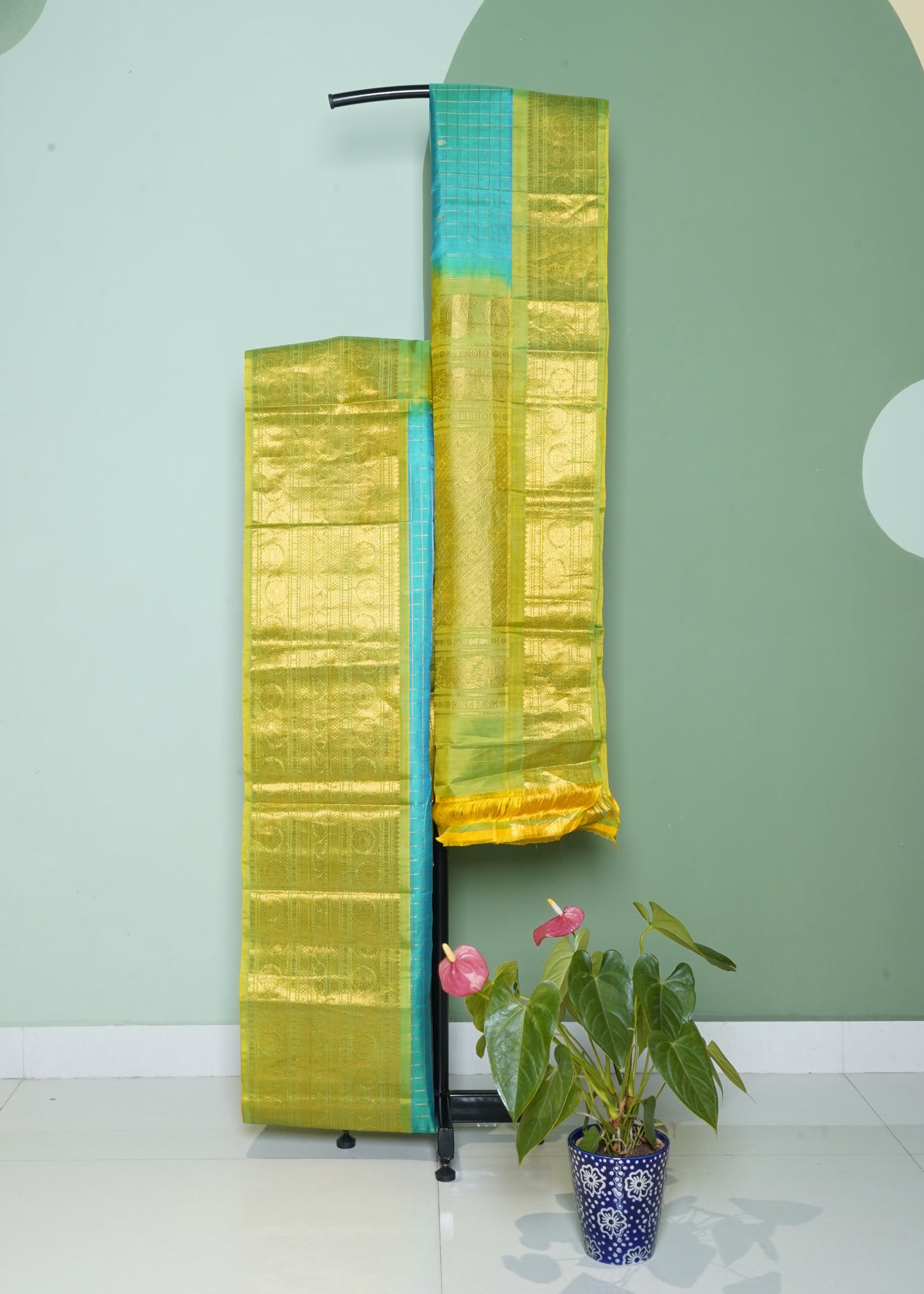Rama Blue Gadwal Checks Zari Buti Pure Silk Handloom Saree