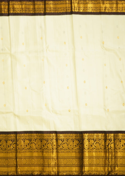 Cream Gadwal Zari Buti Pure Cotton Silk Handloom Saree