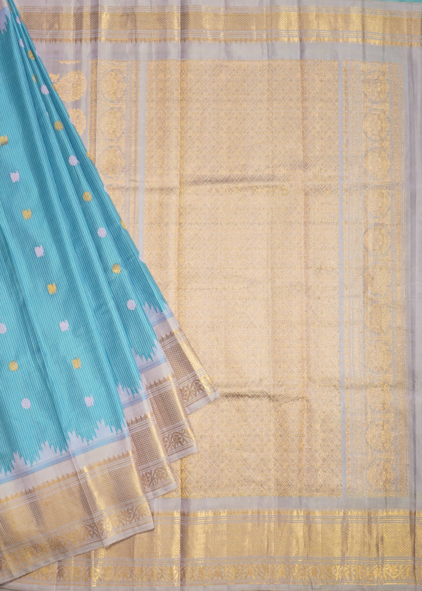 Blue Gadwal Checks Zari Buti Pure Silk Handloom Saree