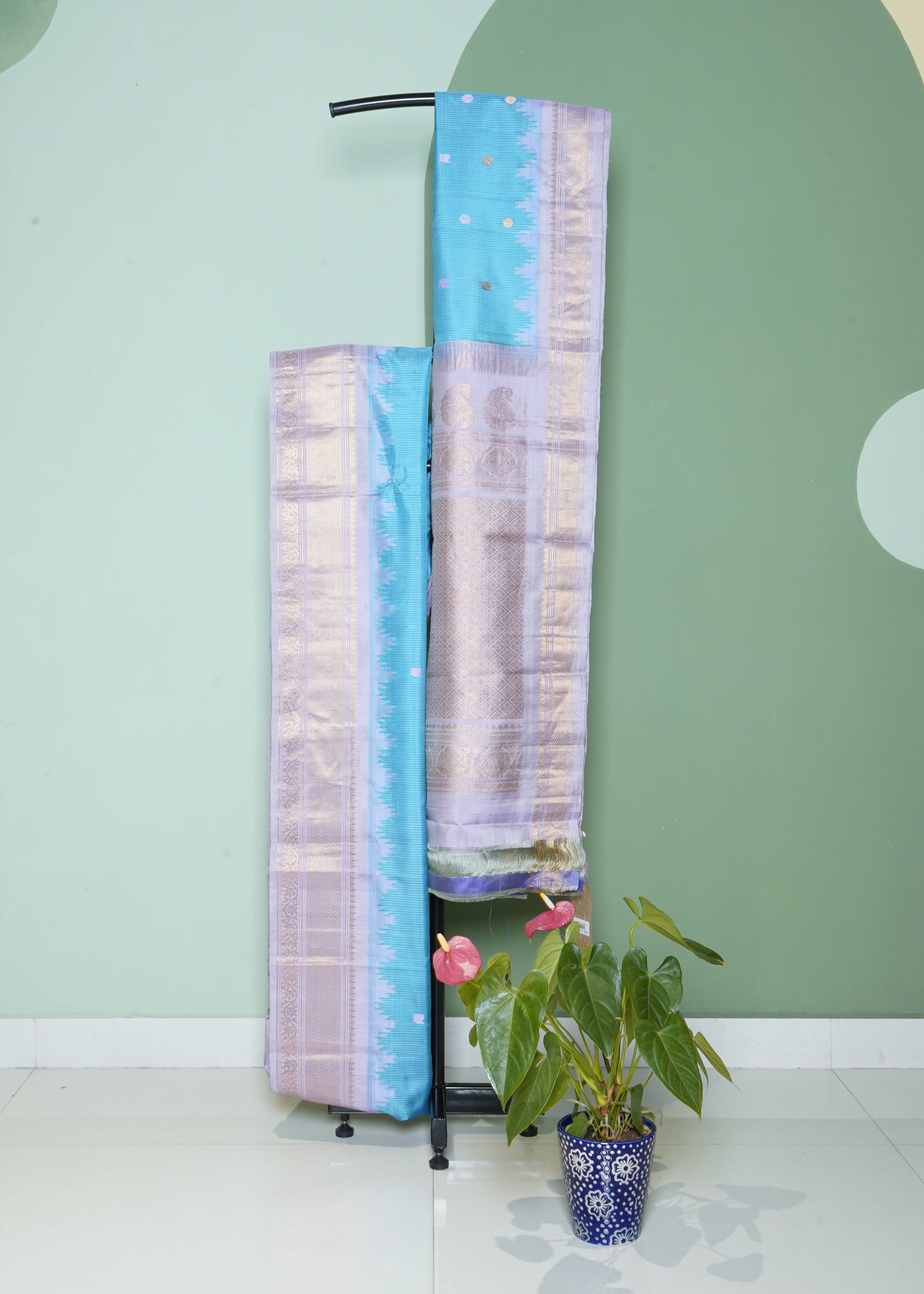 Blue Gadwal Checks Zari Buti Pure Silk Handloom Saree
