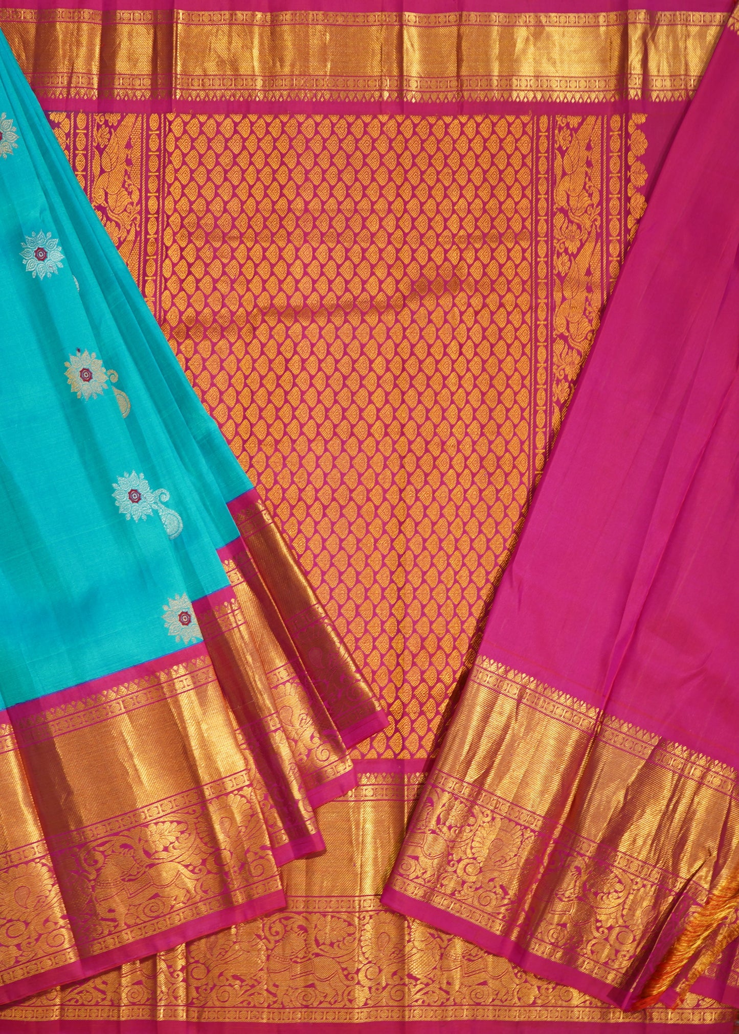 Rama Blue Gadwal Zari Buti Pure Silk Handloom Saree