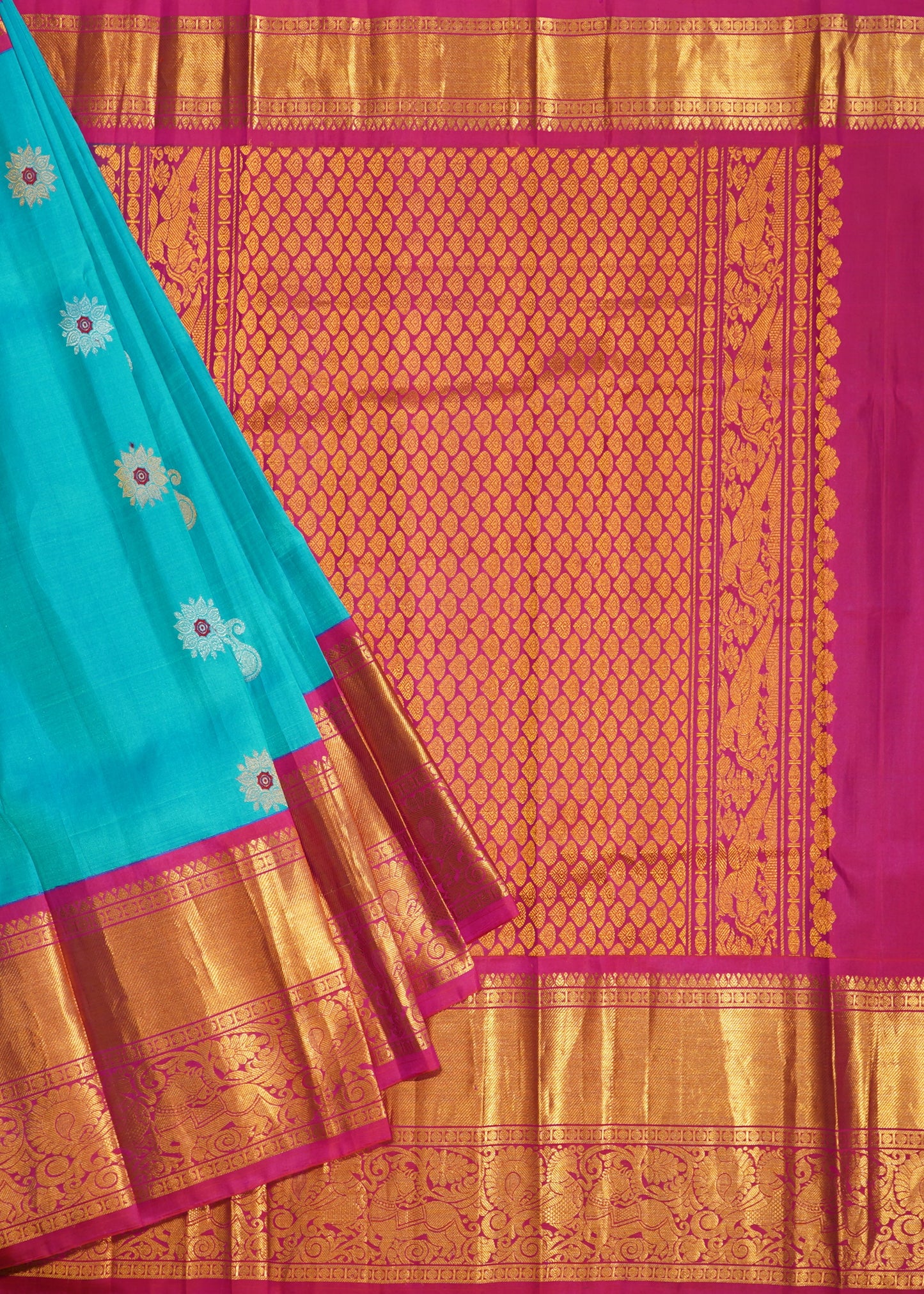 Rama Blue Gadwal Zari Buti Pure Silk Handloom Saree
