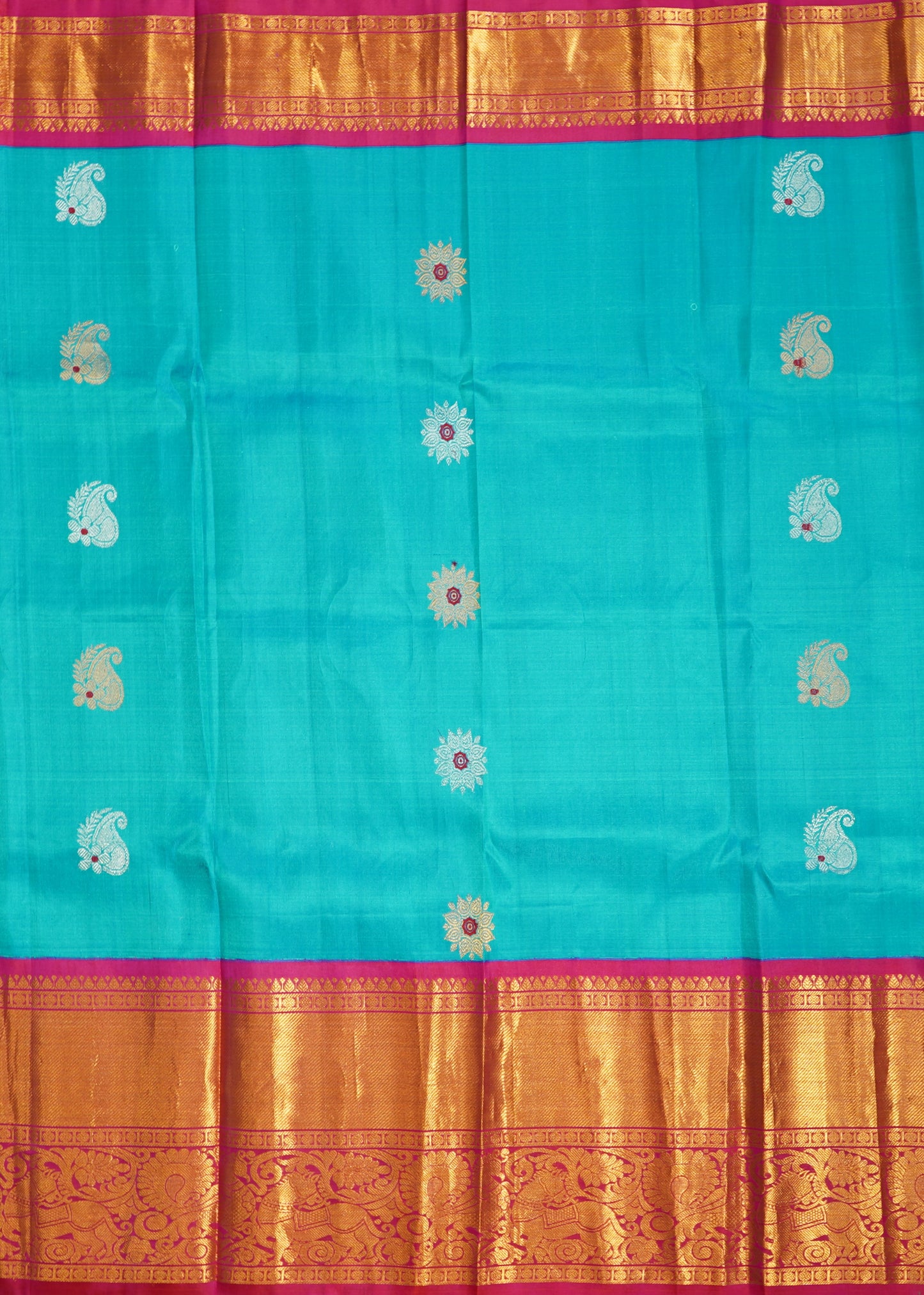 Rama Blue Gadwal Zari Buti Pure Silk Handloom Saree