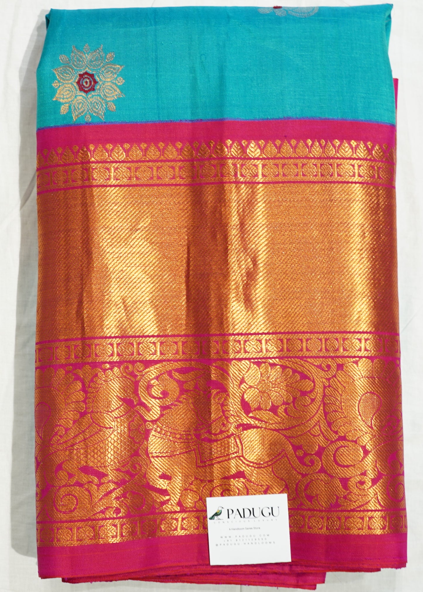 Rama Blue Gadwal Zari Buti Pure Silk Handloom Saree
