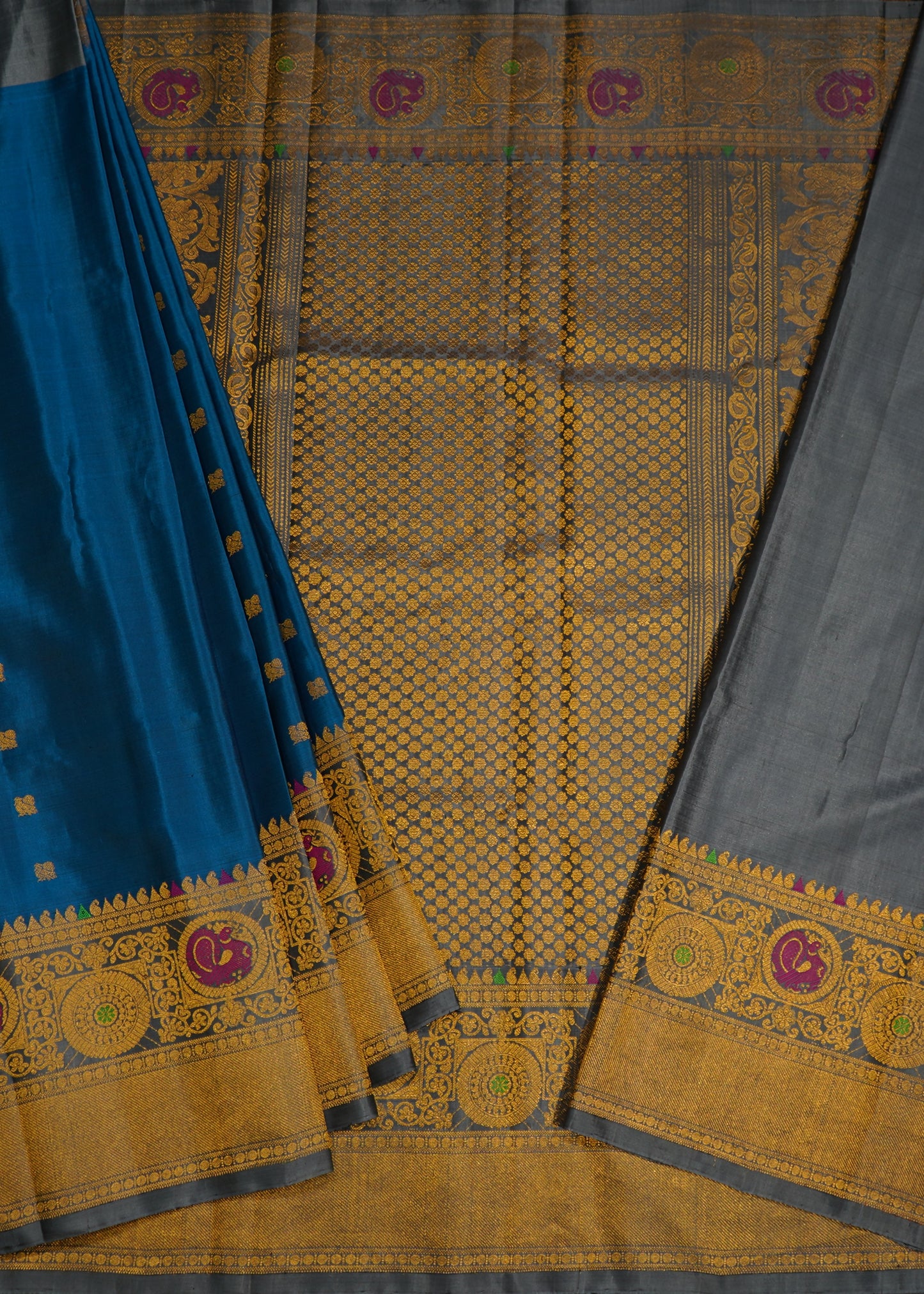 Rama Blue Gadwal Zari Buti Pure Silk Handloom Saree