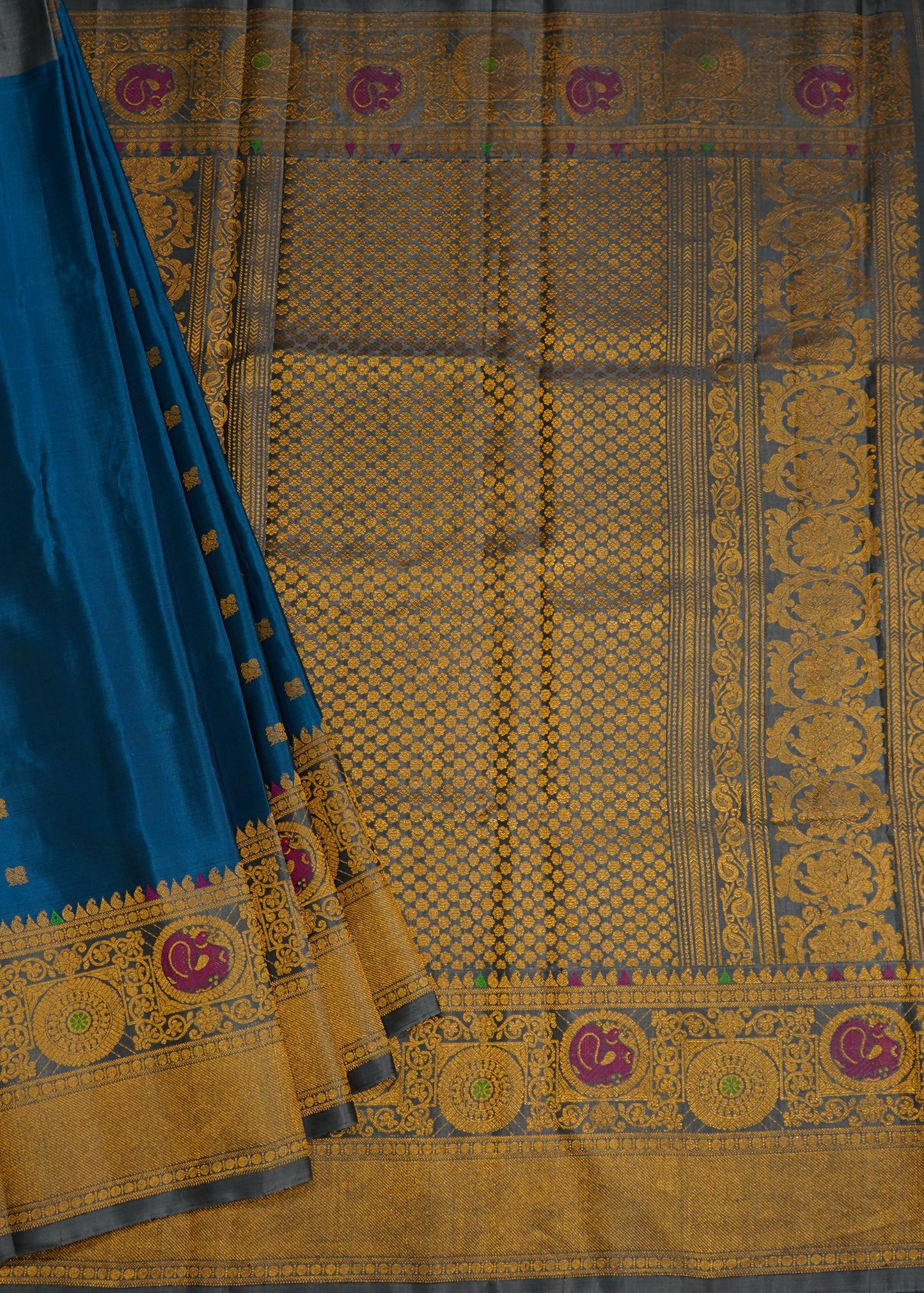 Rama Blue Gadwal Zari Buti Pure Silk Handloom Saree