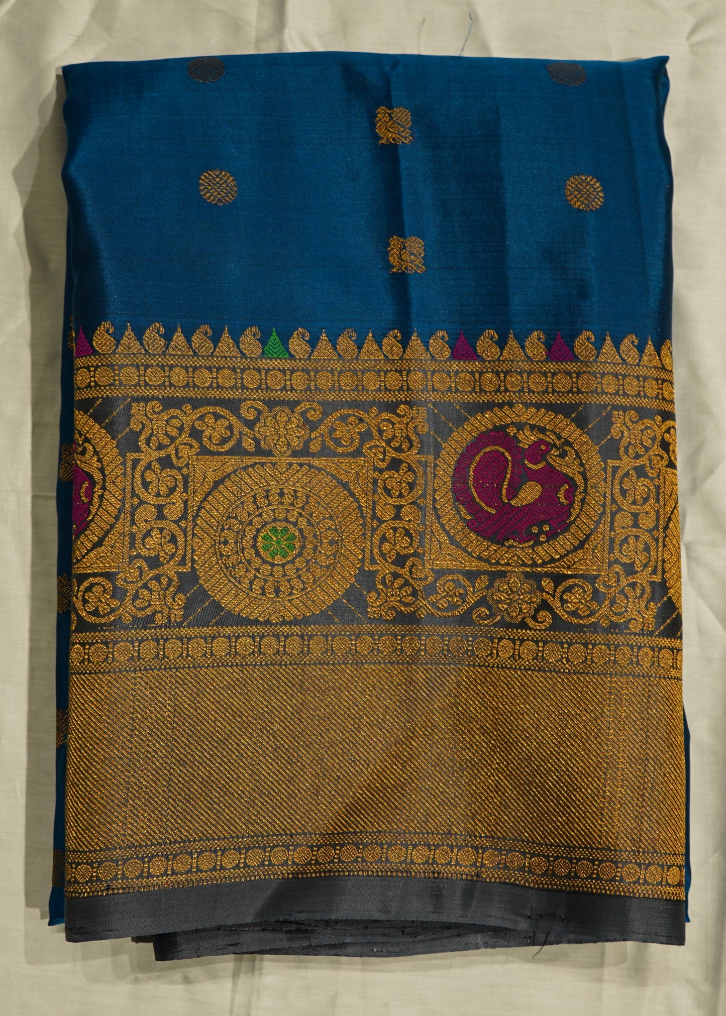 Rama Blue Gadwal Zari Buti Pure Silk Handloom Saree