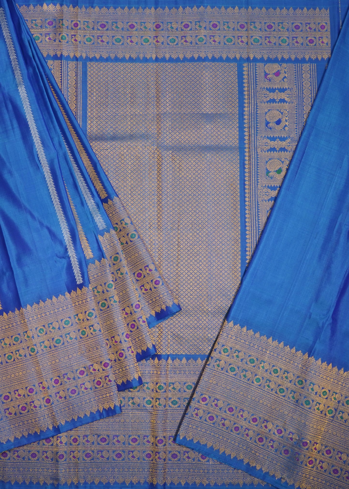 Rama Blue Gadwal Zari Buti Pure Silk Handloom Saree