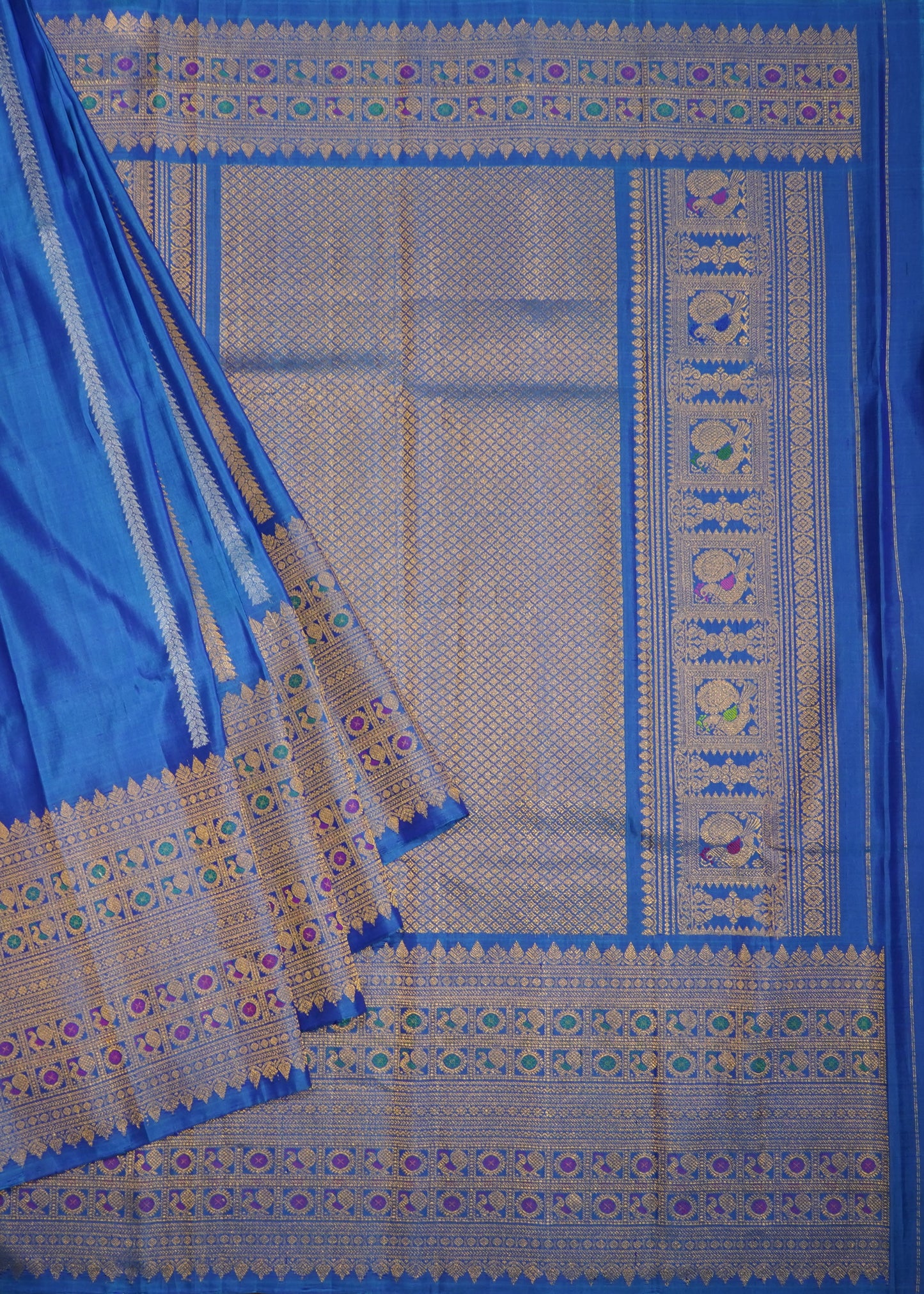 Rama Blue Gadwal Zari Buti Pure Silk Handloom Saree