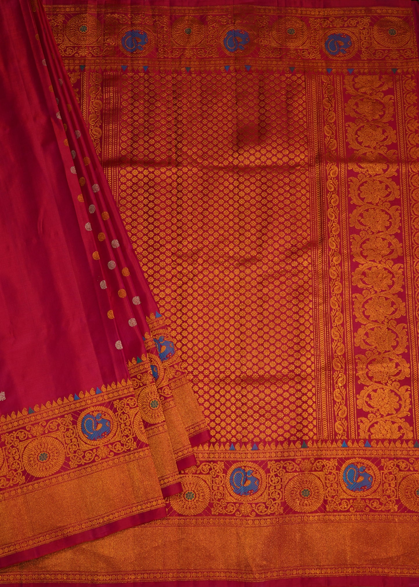 Red Pink Gadwal Zari Buti Pure Silk Handloom Saree
