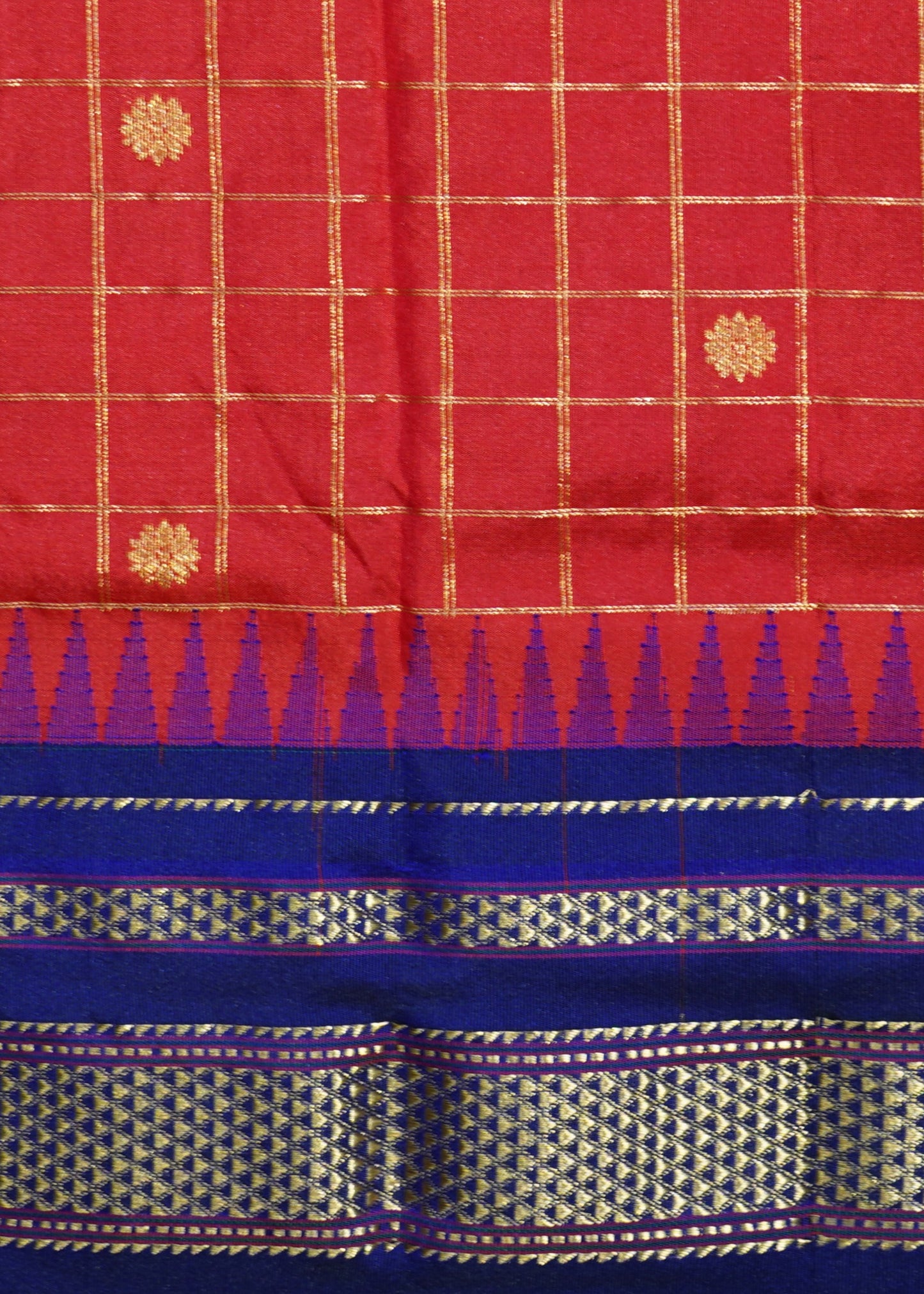 Red Narayanpet Checks Zari buti Pure Silk Handloom Saree