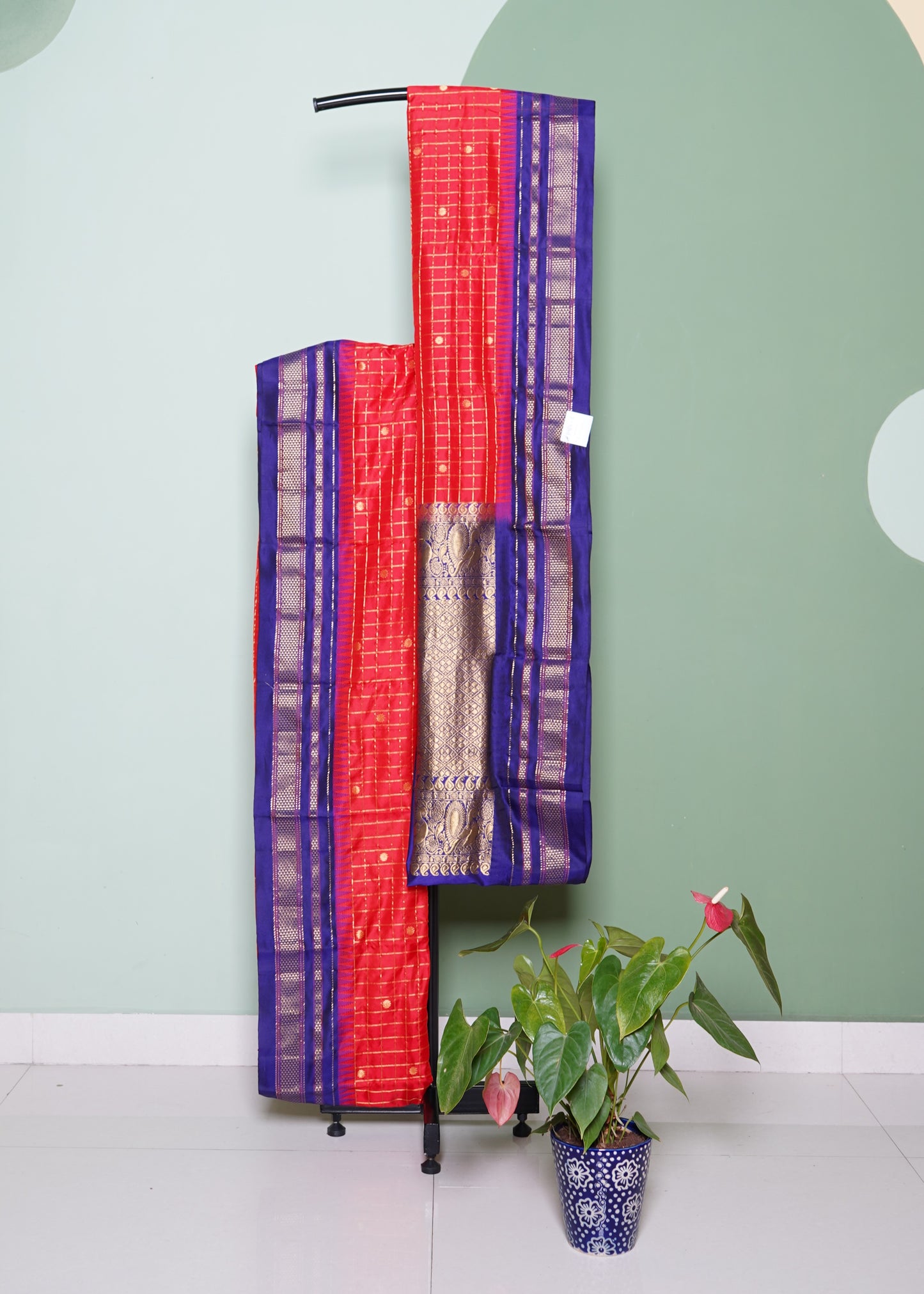 Red Narayanpet Checks Zari buti Pure Silk Handloom Saree