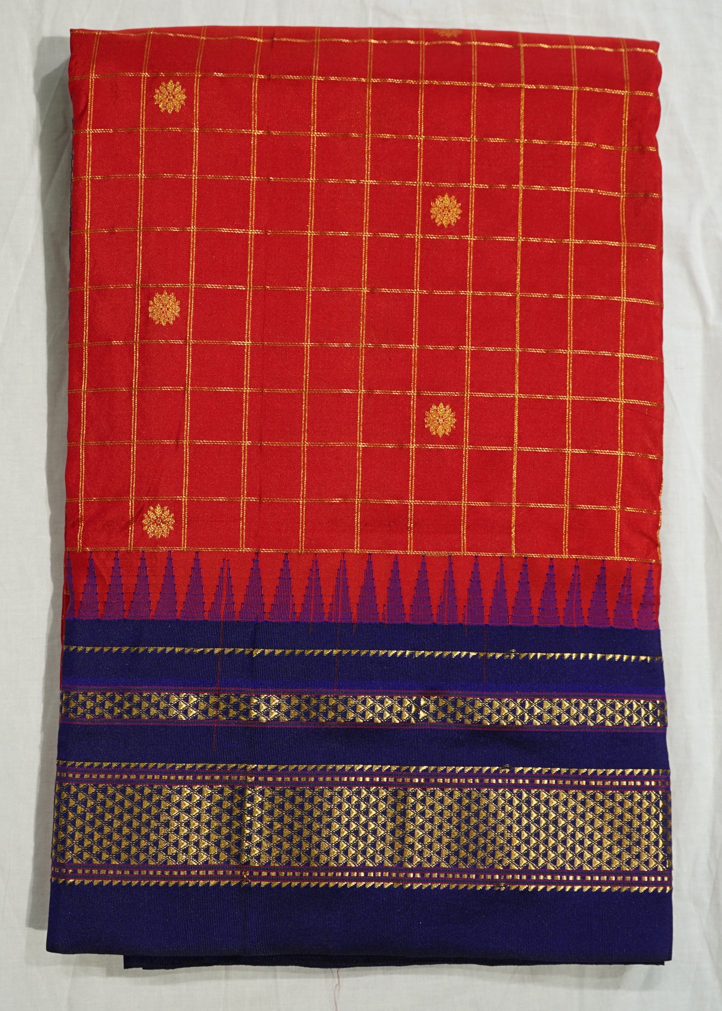 Red Narayanpet Checks Zari buti Pure Silk Handloom Saree