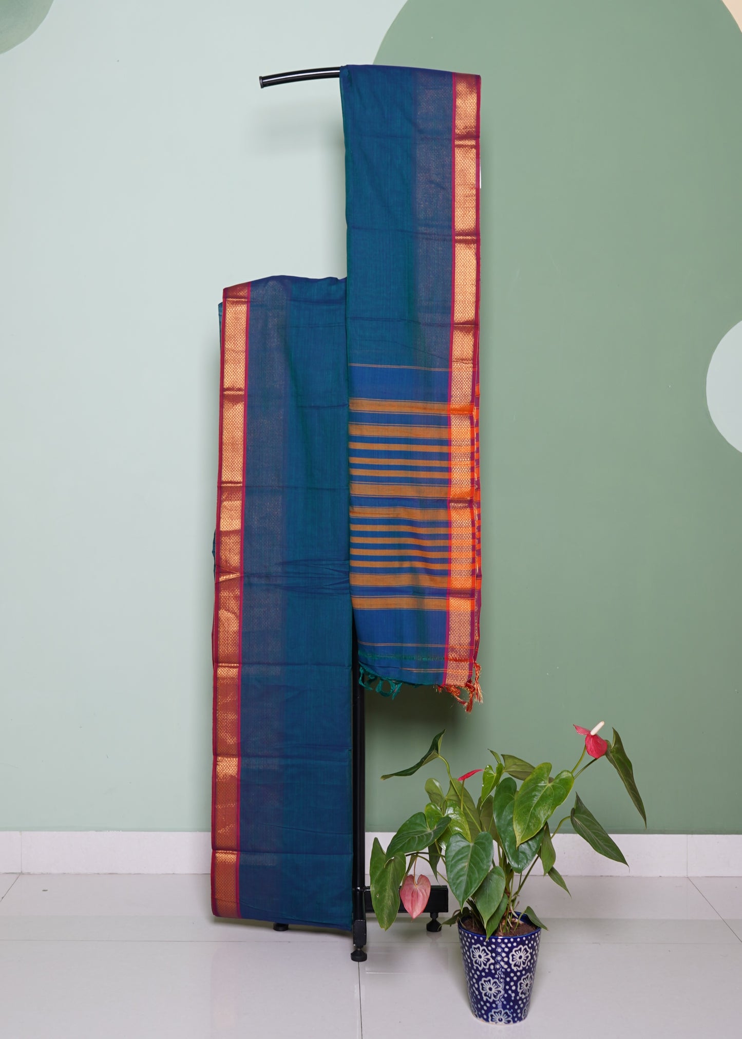 Rama Blue Narayanpet Zari buti Pure Cotton Handloom Saree