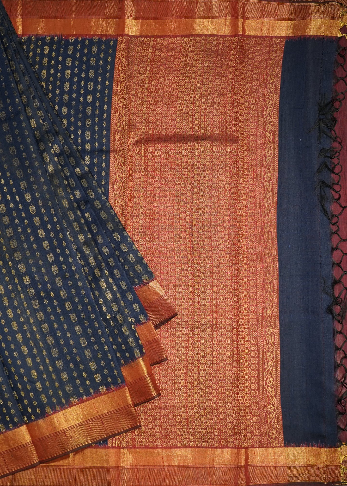 Navy Blue Raw Silk Zari Buti Pure Silk Handloom Saree