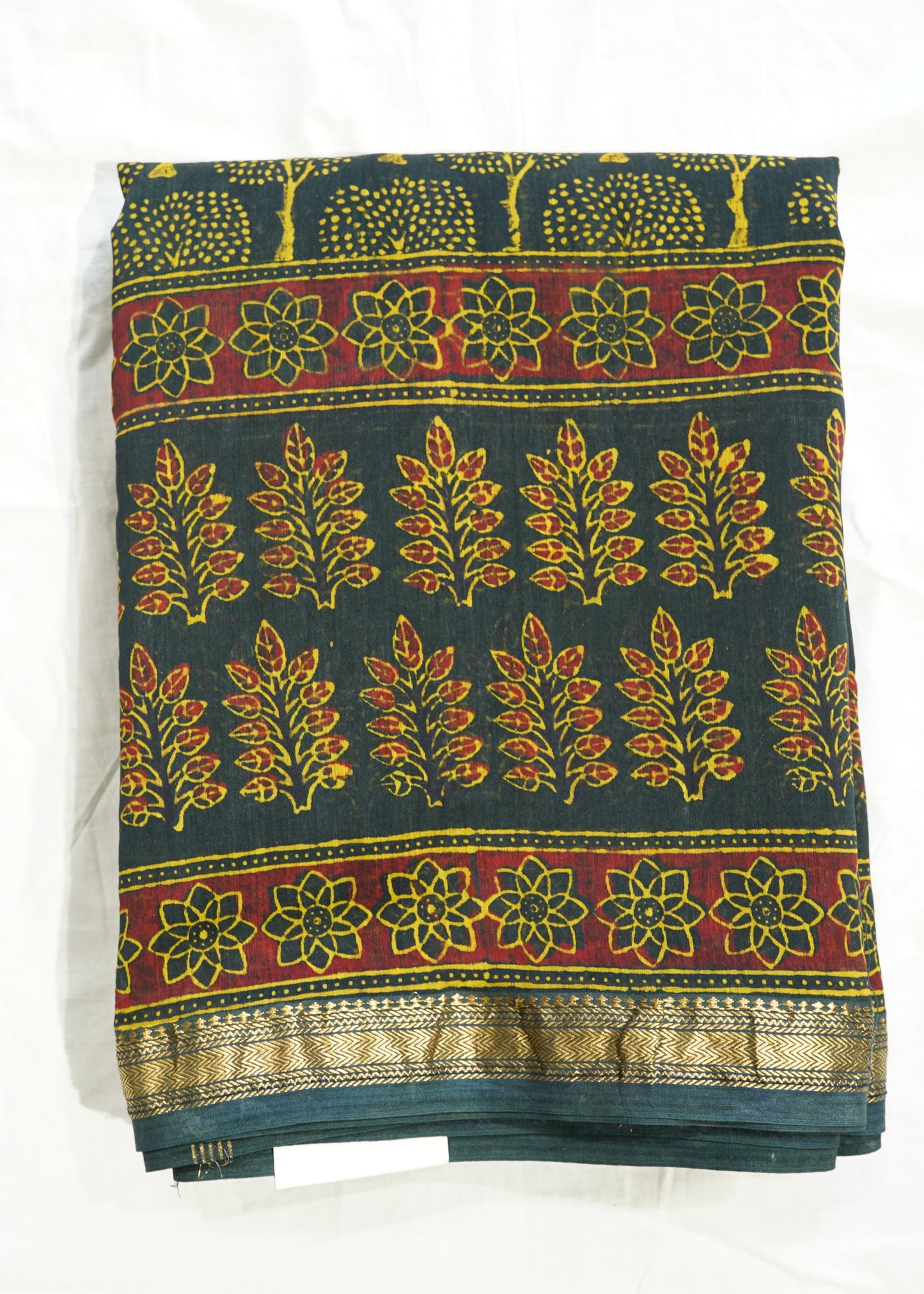 Dark Green Maheshwari Ajrakh Pure Cotton silk Handloom Saree