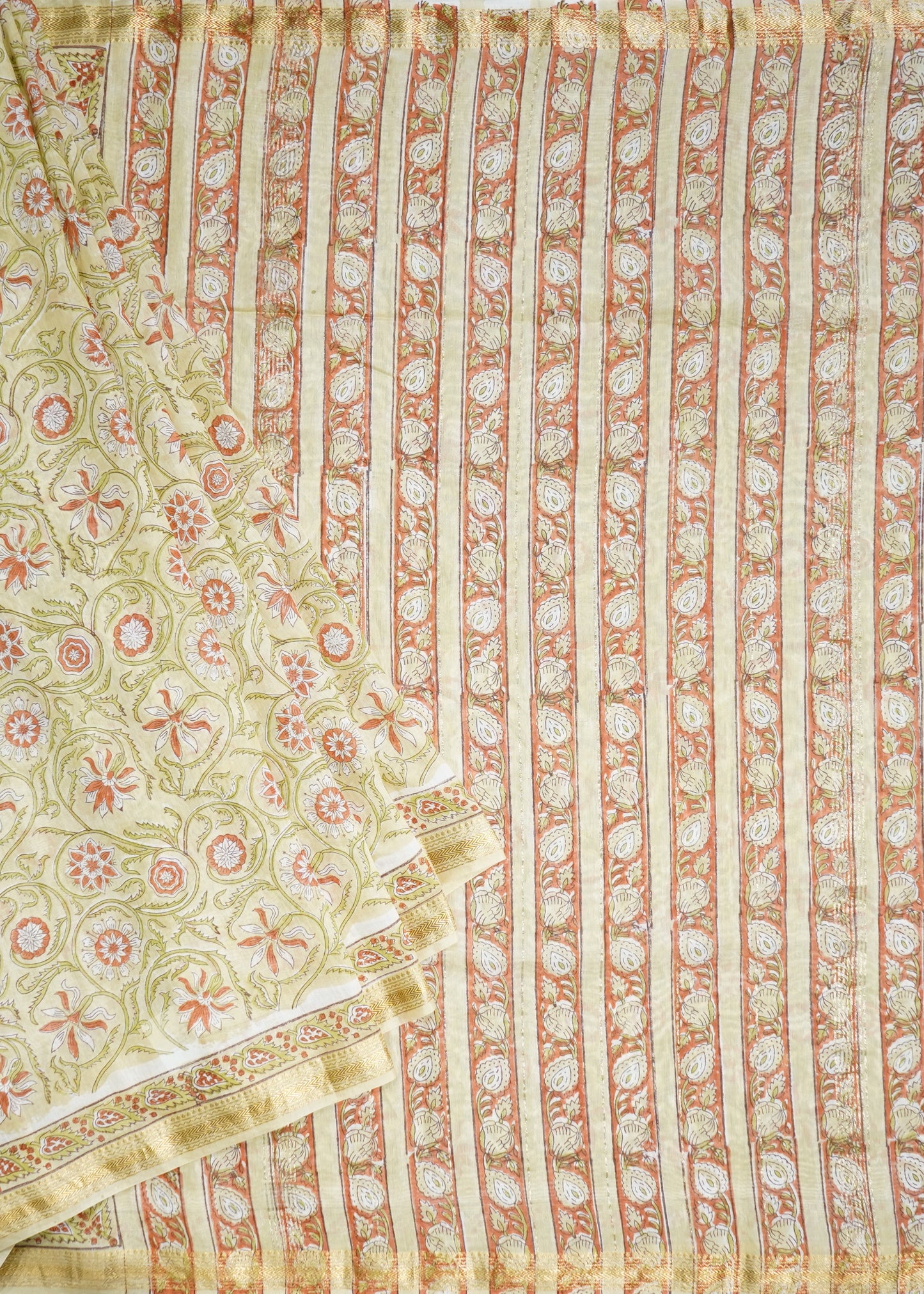 Light Yellow Maheshwari Sanganeri Pure Cotton silk Handloom Saree