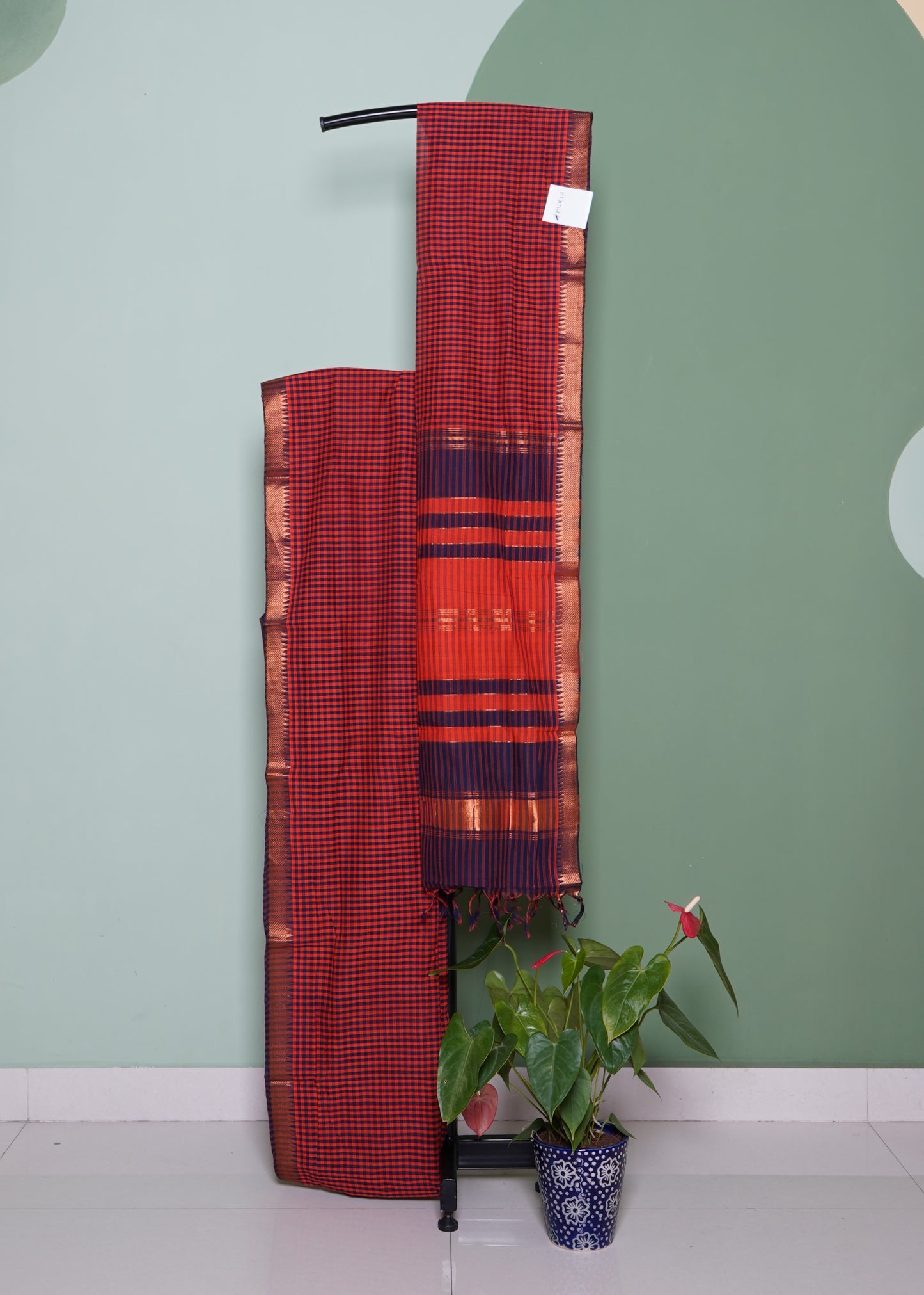 Orange Mangalagiri Missing Checks Zari buti Pure cotton Handloom Saree