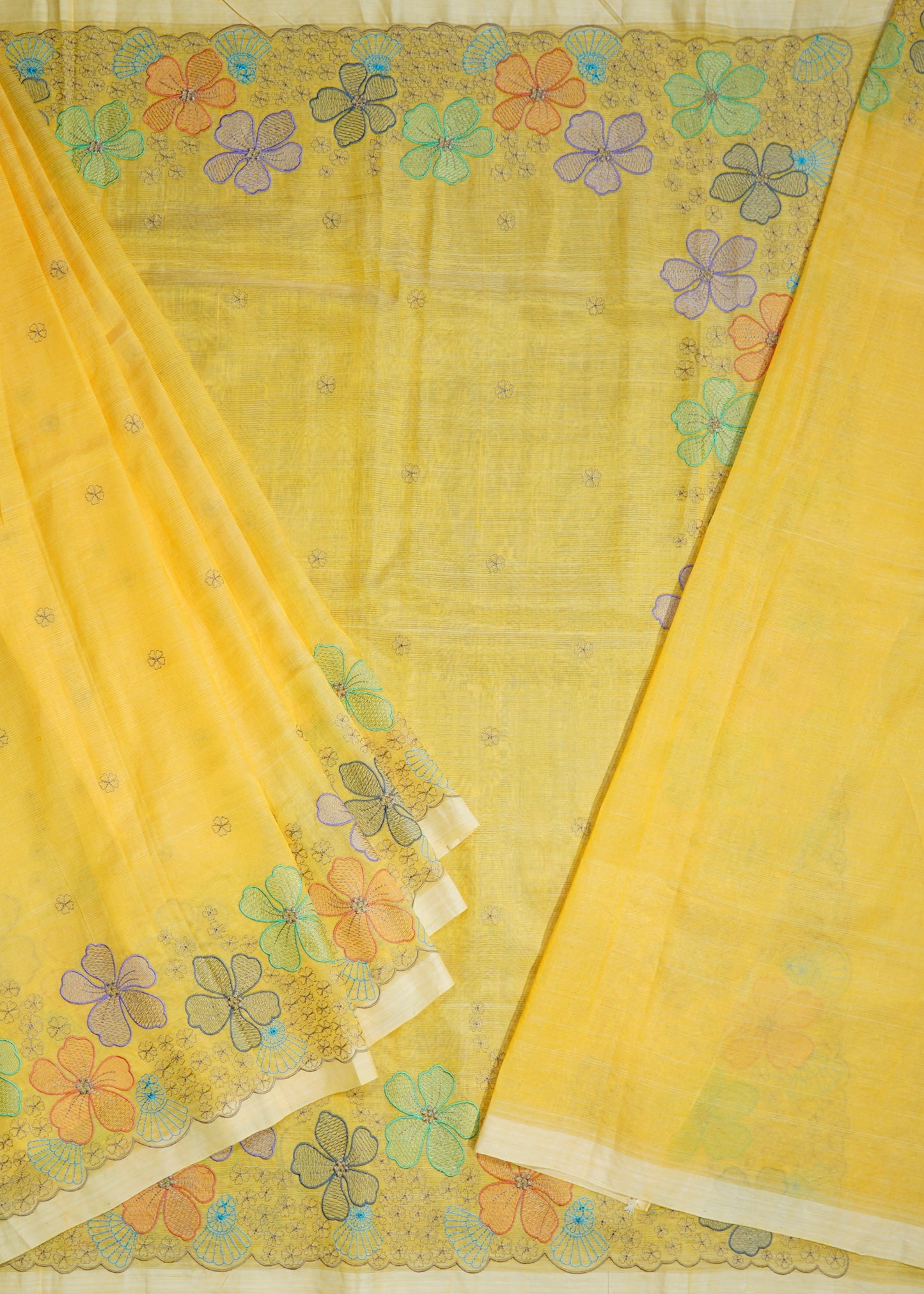 Yellow Mangalagiri Stripe Design Chikankari Pure Silk Handloom Saree