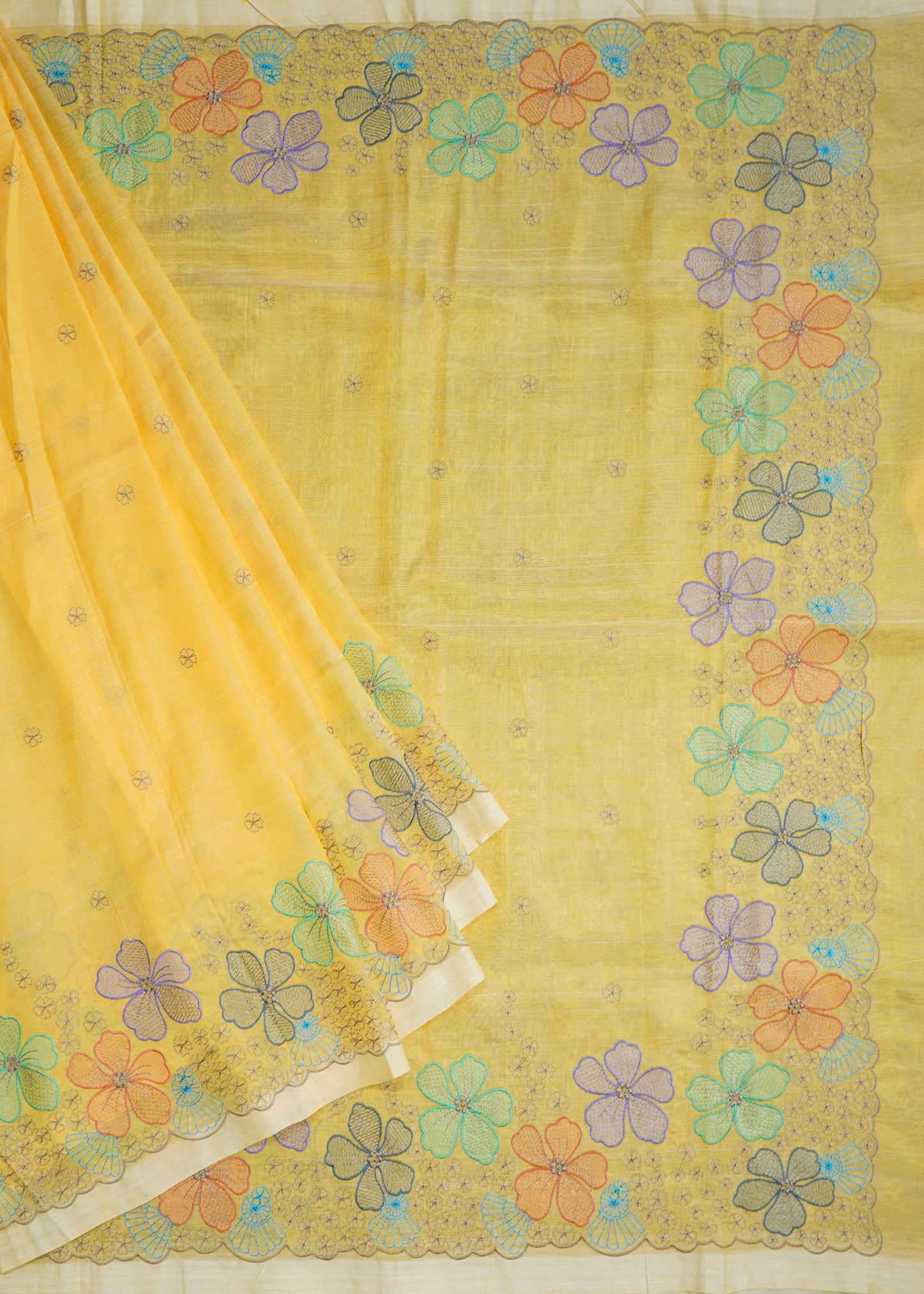 Yellow Mangalagiri Stripe Design Chikankari Pure Silk Handloom Saree