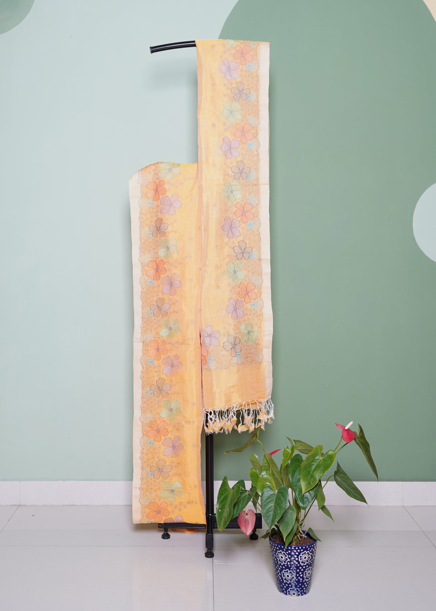 Yellow Mangalagiri Stripe Design Chikankari Pure Silk Handloom Saree