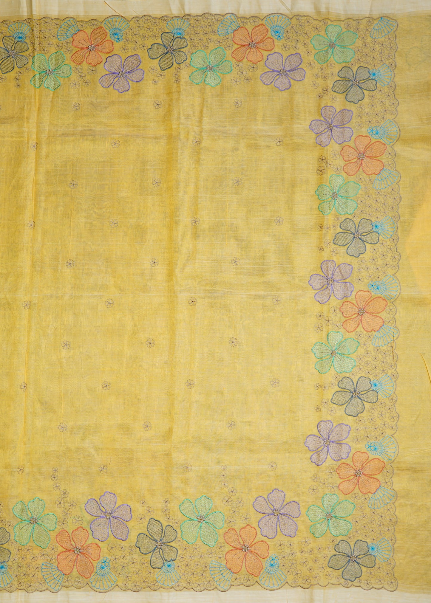 Yellow Mangalagiri Stripe Design Chikankari Pure Silk Handloom Saree