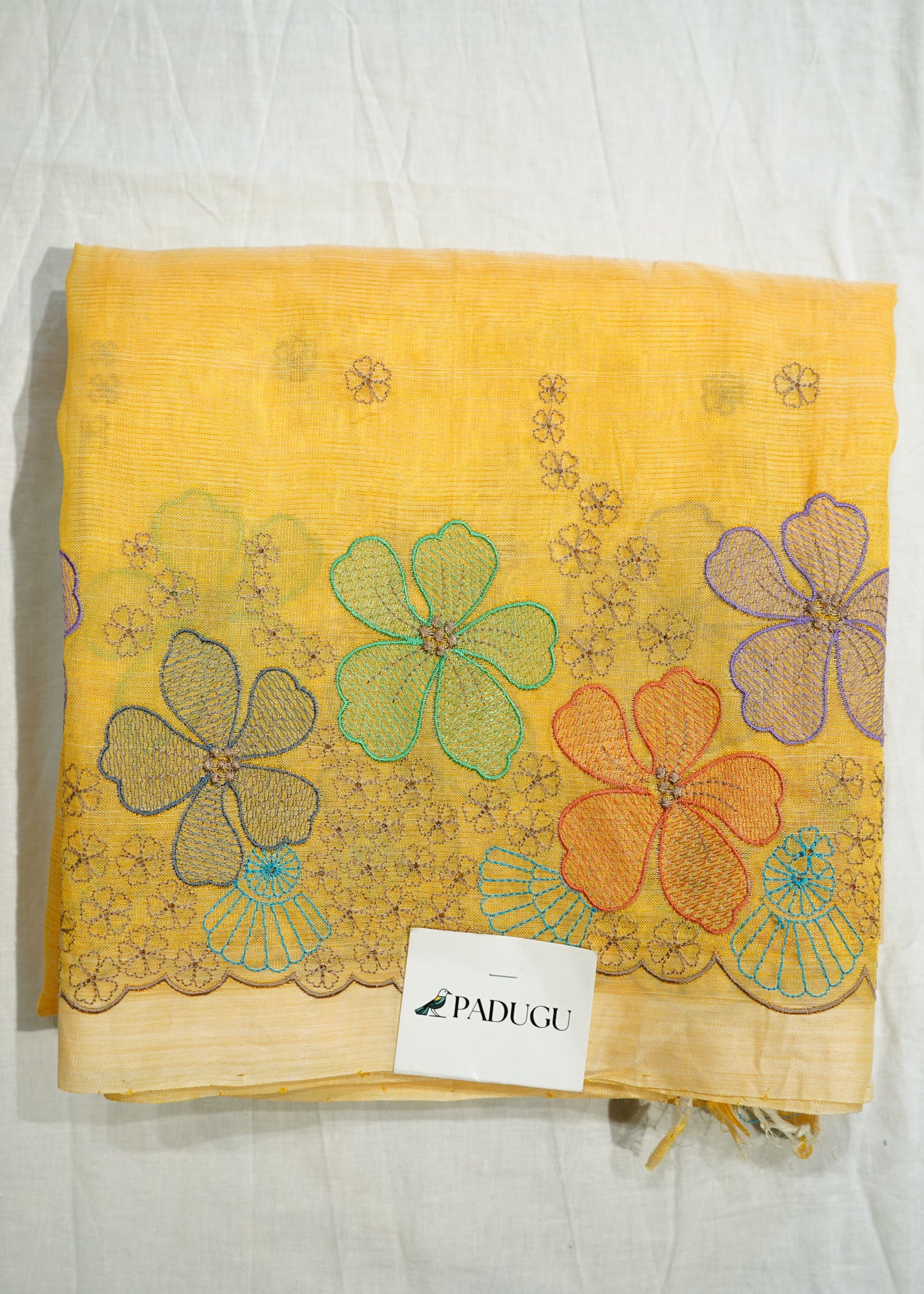 Yellow Mangalagiri Stripe Design Chikankari Pure Silk Handloom Saree