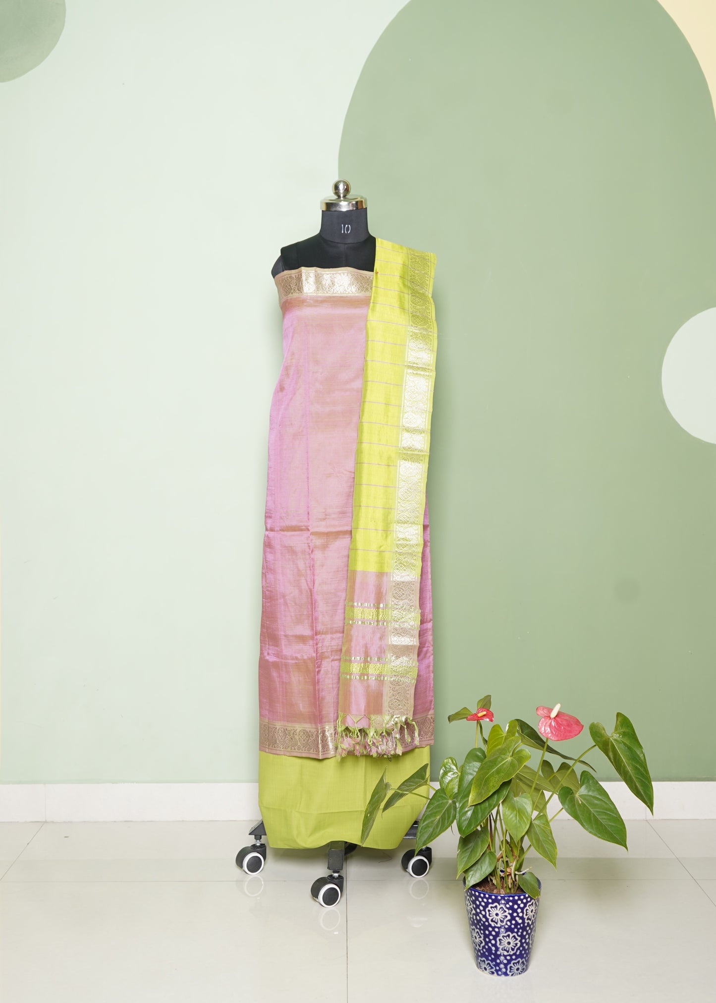 Pink Mangalagiri Stripe Design Pure Silk Handloom Dress Material