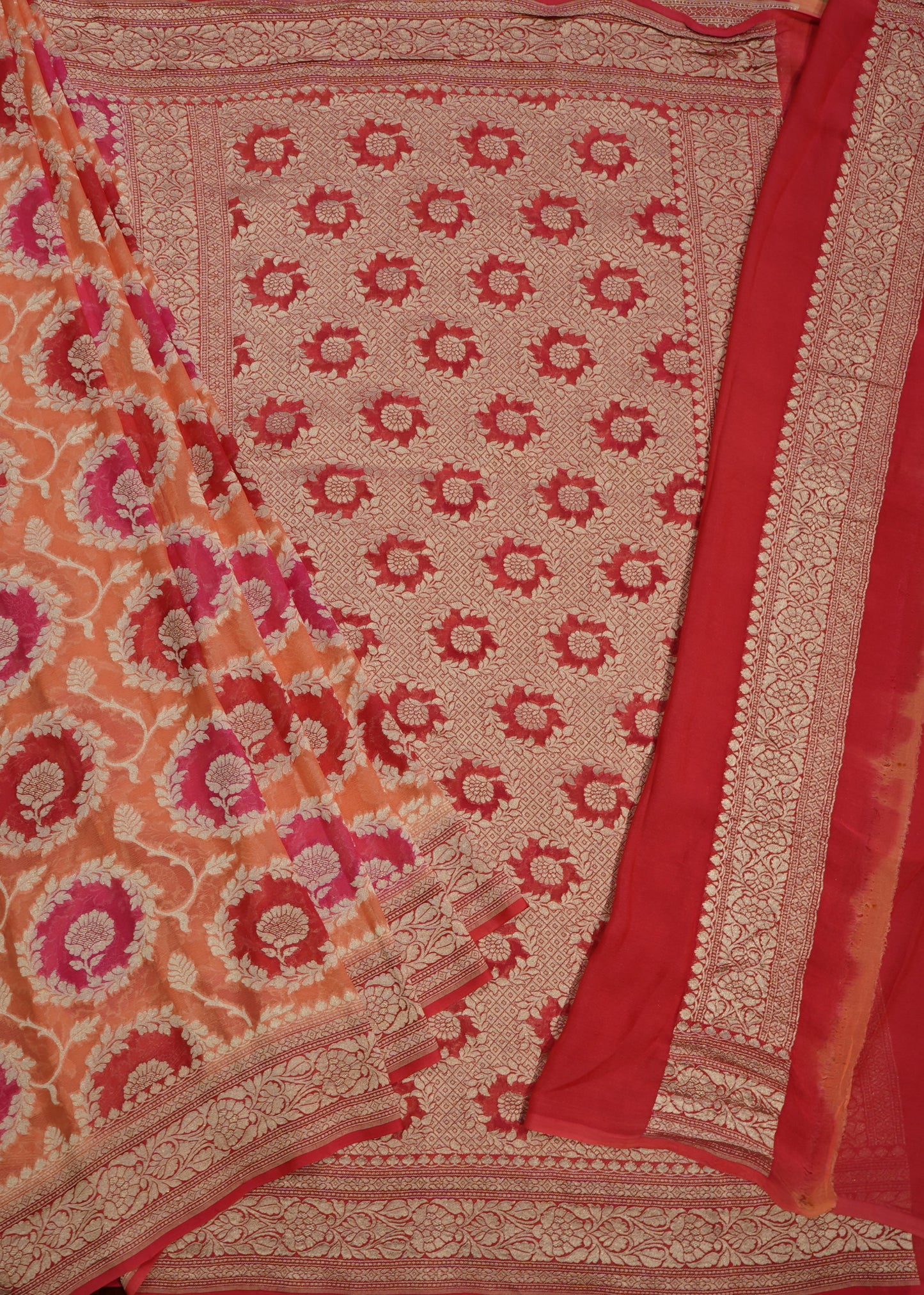 Pink Orange Banaras Georgette Pure Silk Handloom Saree