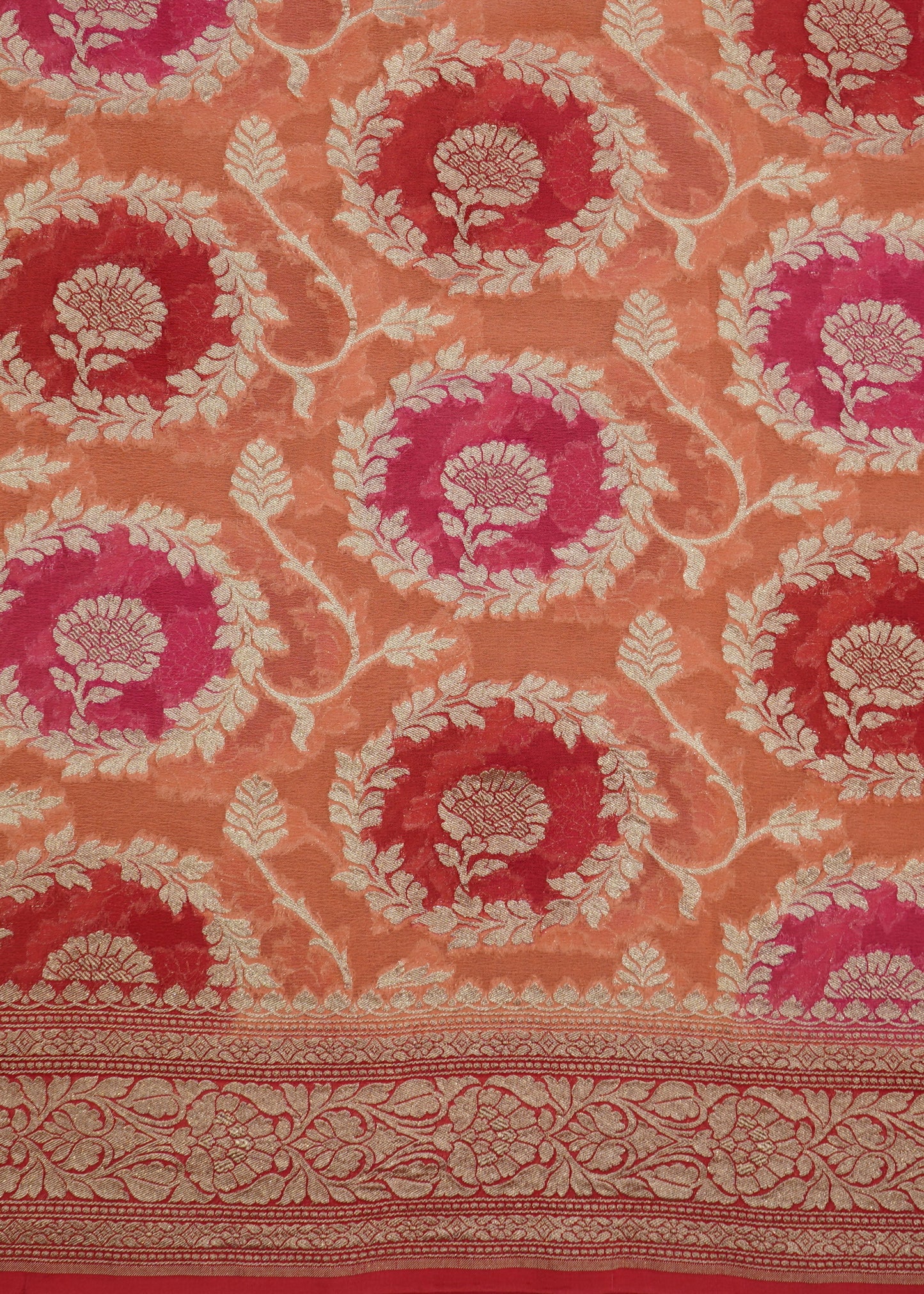 Pink Orange Banaras Georgette Pure Silk Handloom Saree