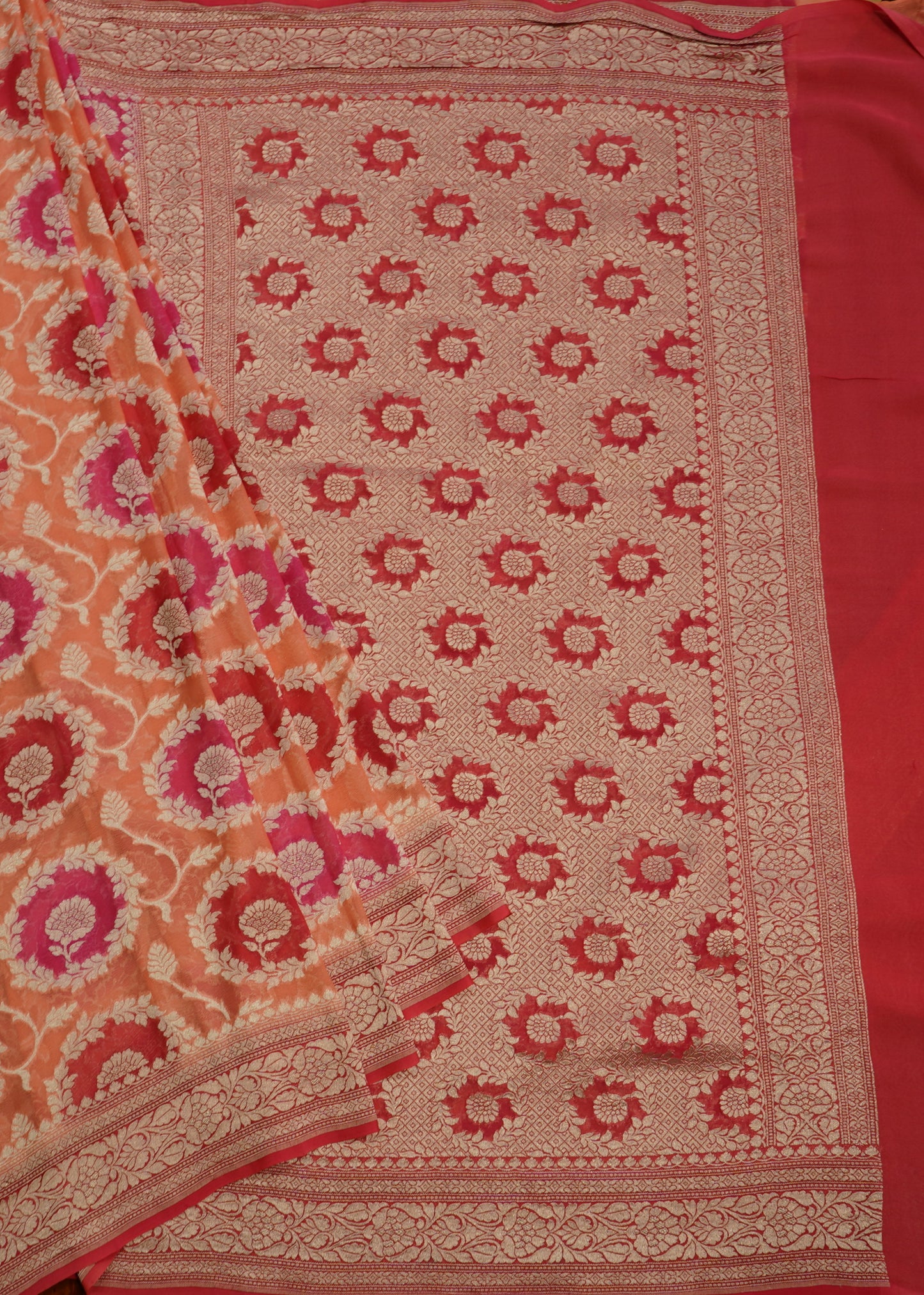 Pink Orange Banaras Georgette Pure Silk Handloom Saree