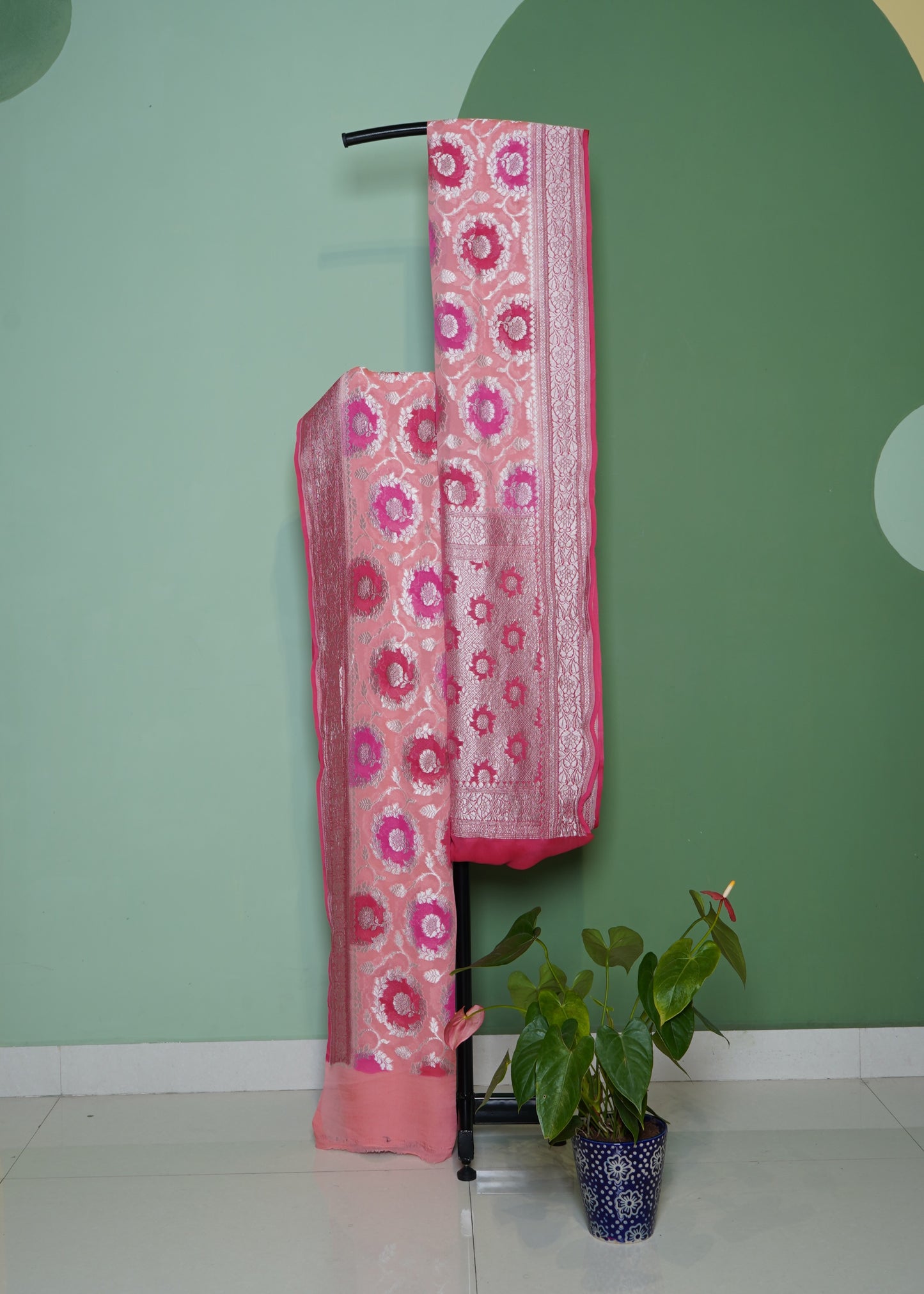 Pink Orange Banaras Georgette Pure Silk Handloom Saree