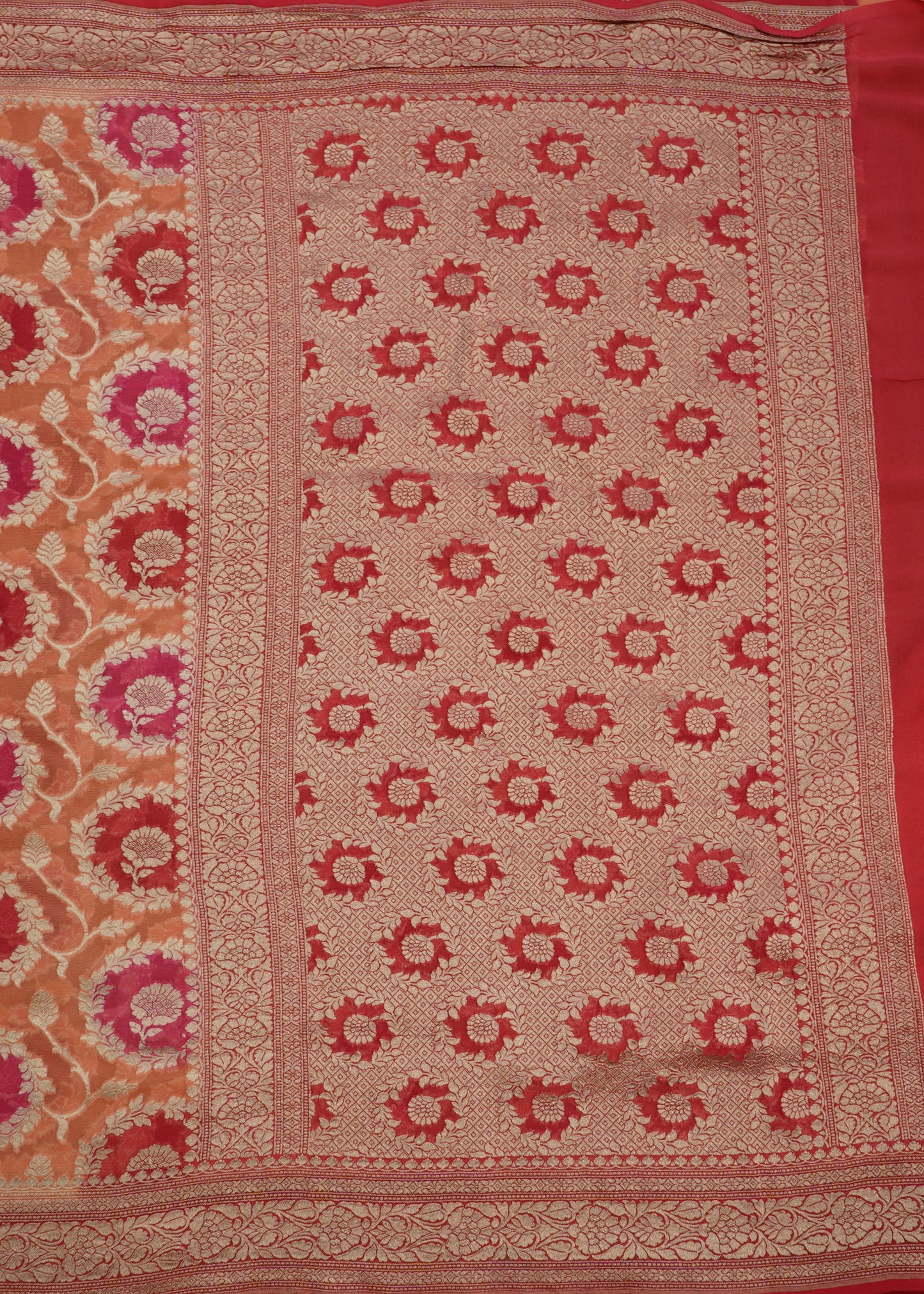 Pink Orange Banaras Georgette Pure Silk Handloom Saree