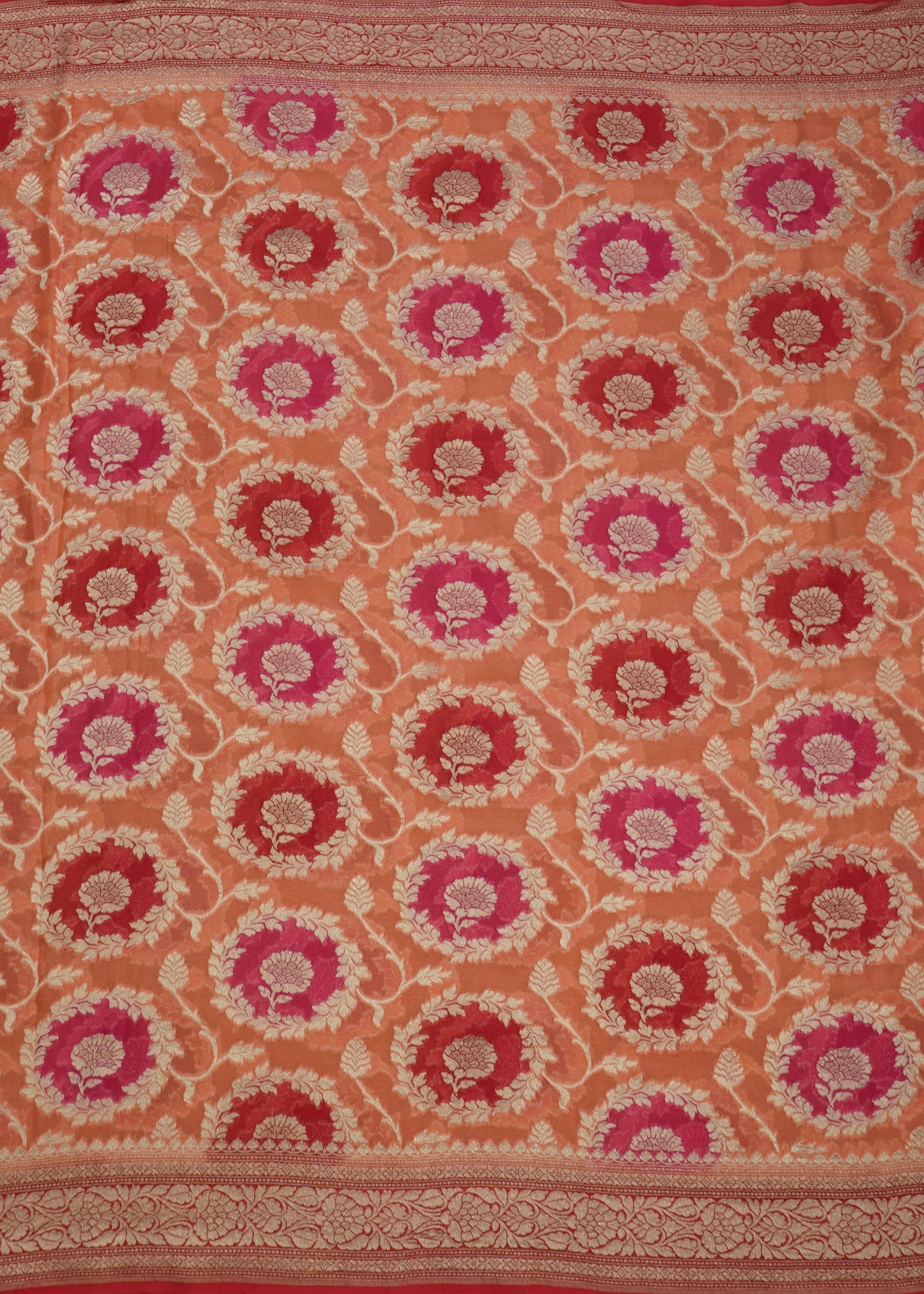 Pink Orange Banaras Georgette Pure Silk Handloom Saree