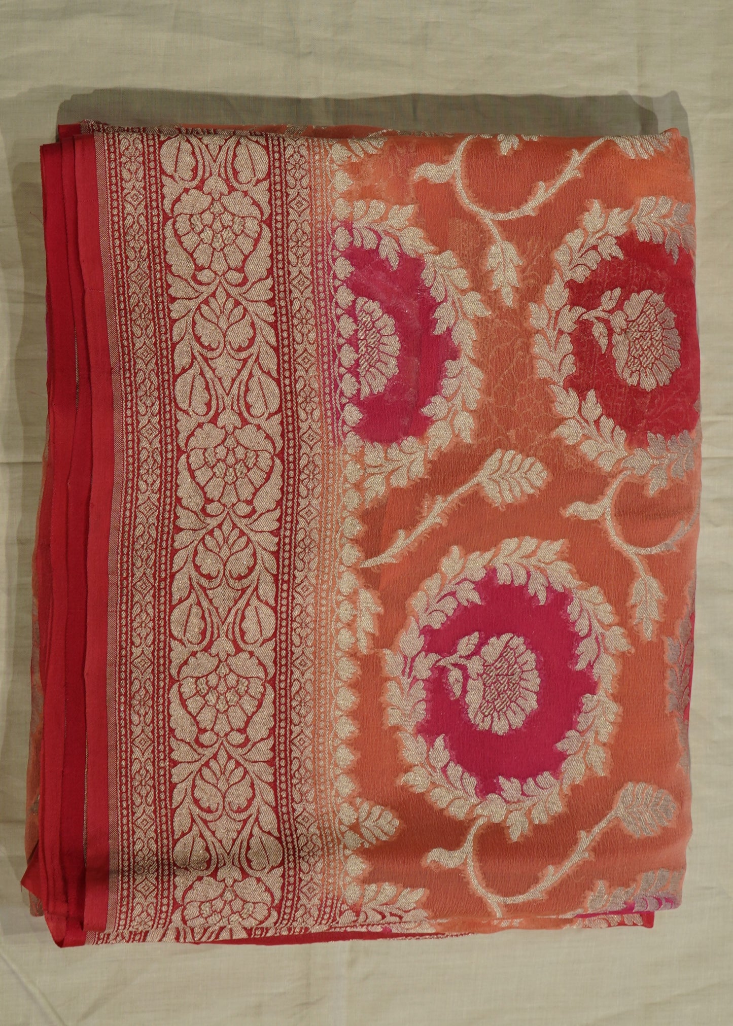 Pink Orange Banaras Georgette Pure Silk Handloom Saree