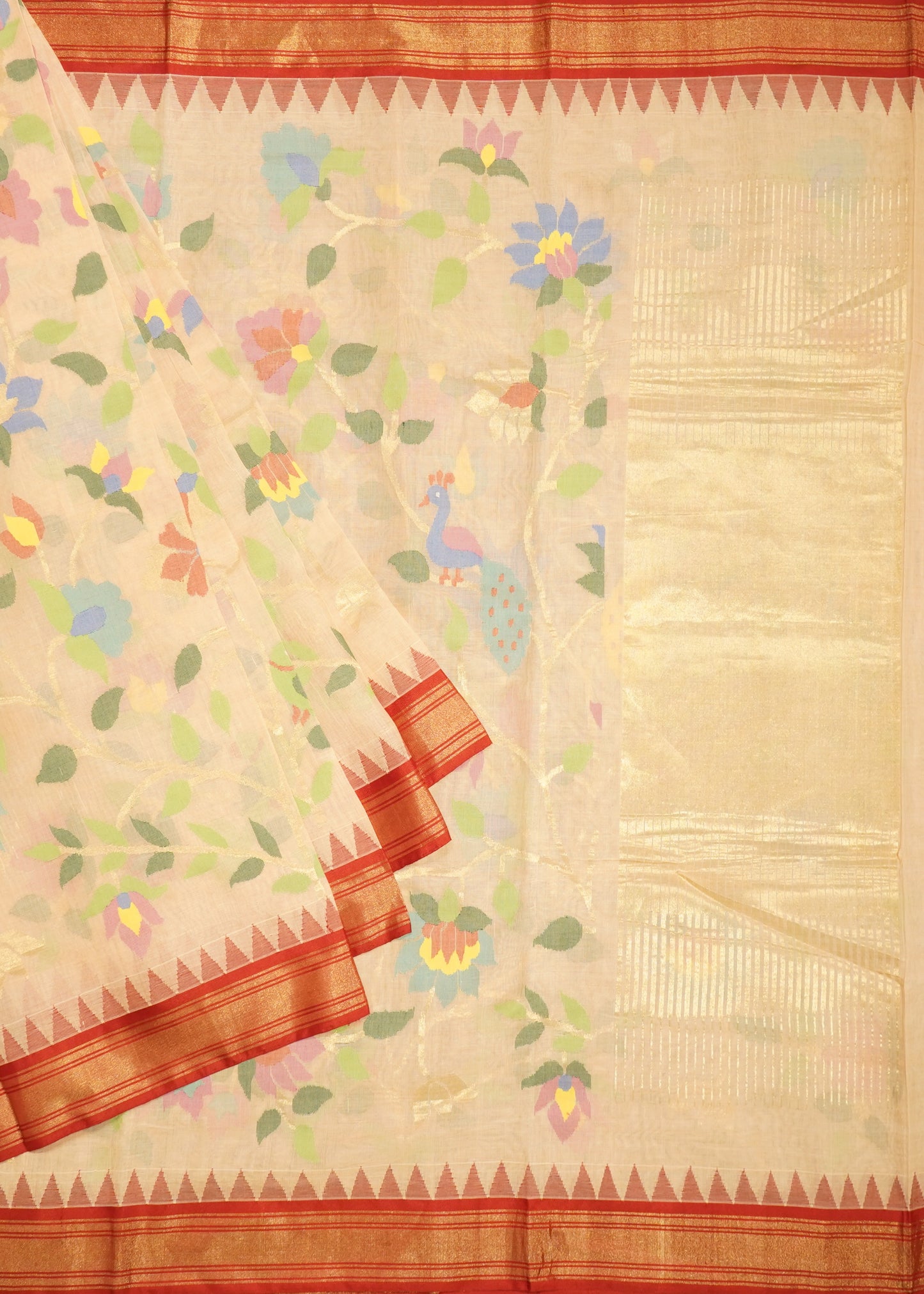 Apricot Ponduru All Over Jamdani Pure Cotton Handloom Saree