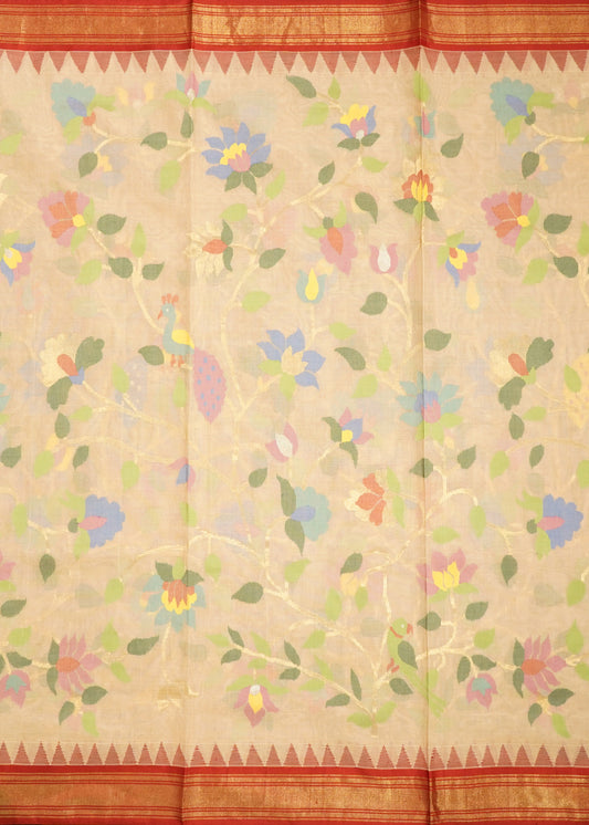 Apricot Ponduru All Over Jamdani Pure Cotton Handloom Saree