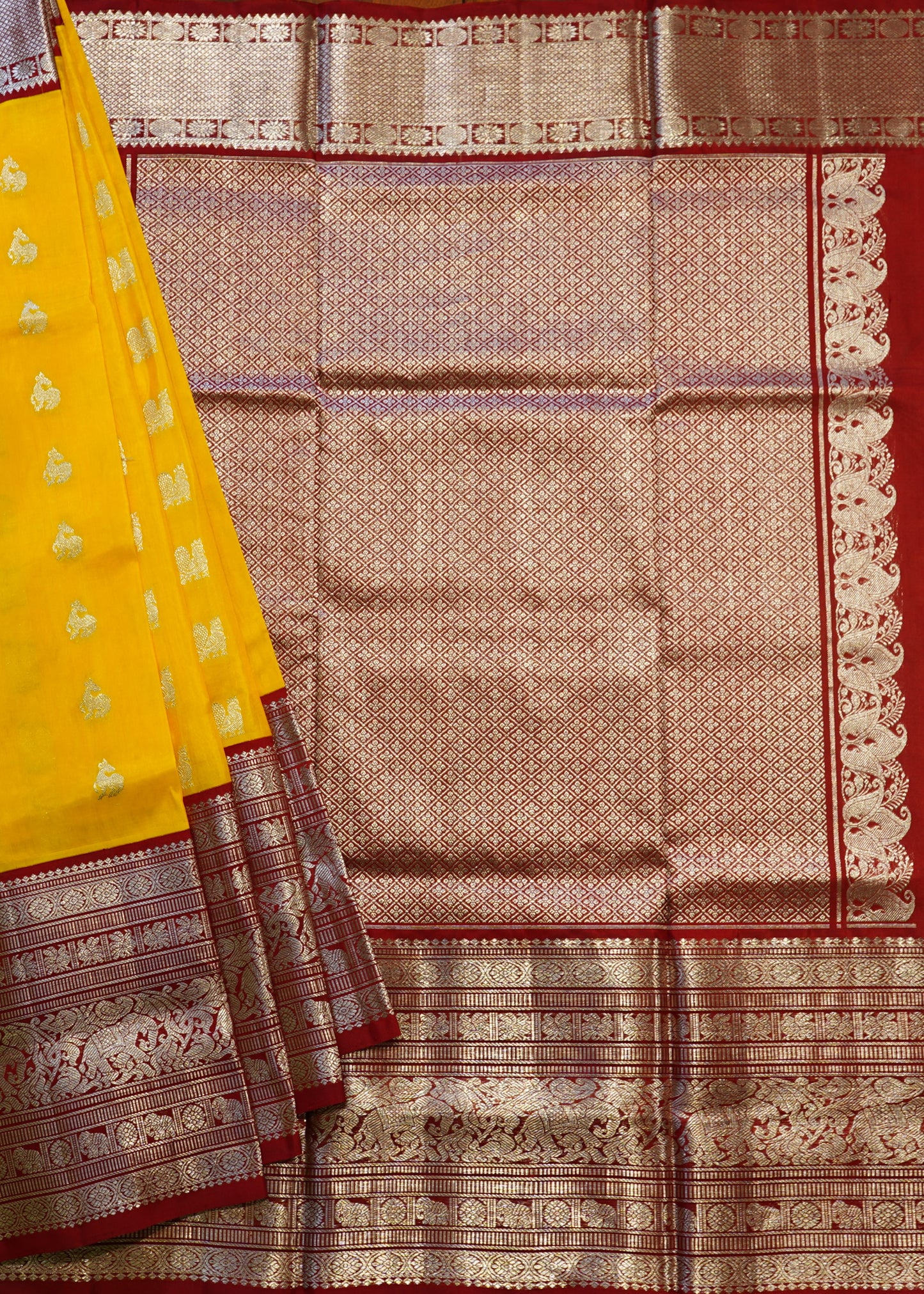 Yellow Venkatagiri Zari Buti Red Zari Border Pure Silk Handloom Saree