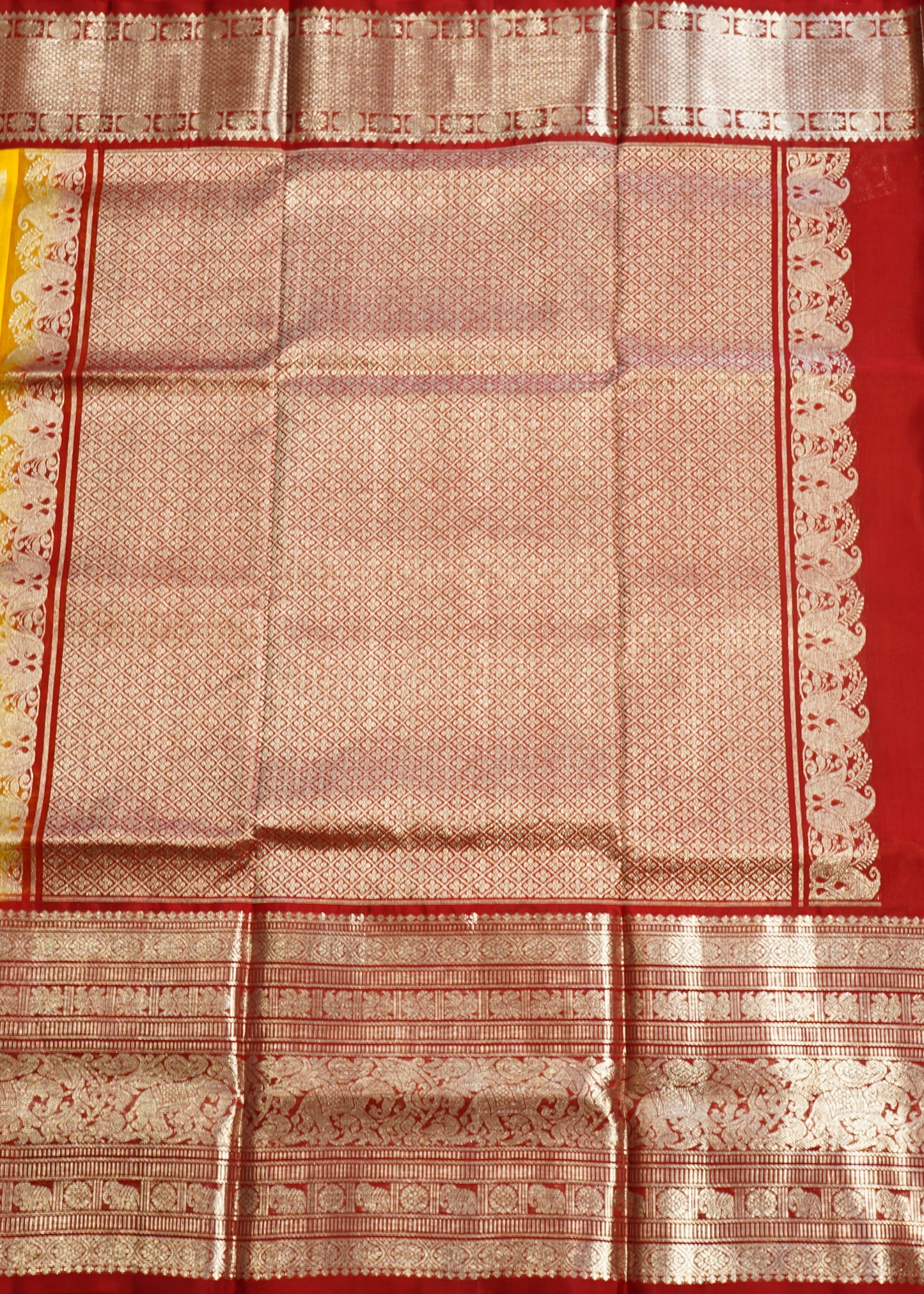 Yellow Venkatagiri Zari Buti Red Zari Border Pure Silk Handloom Saree