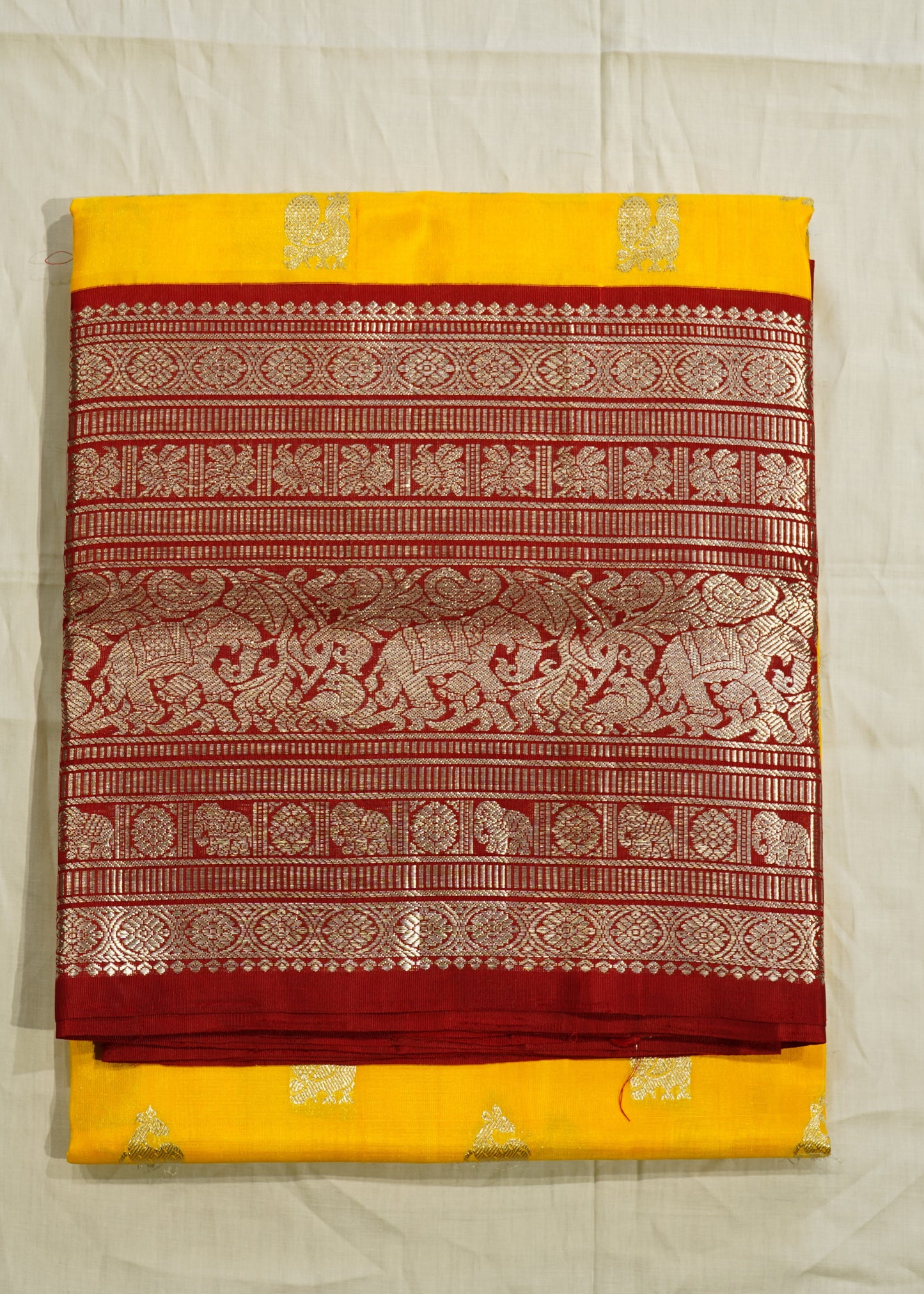 Yellow Venkatagiri Zari Buti Red Zari Border Pure Silk Handloom Saree