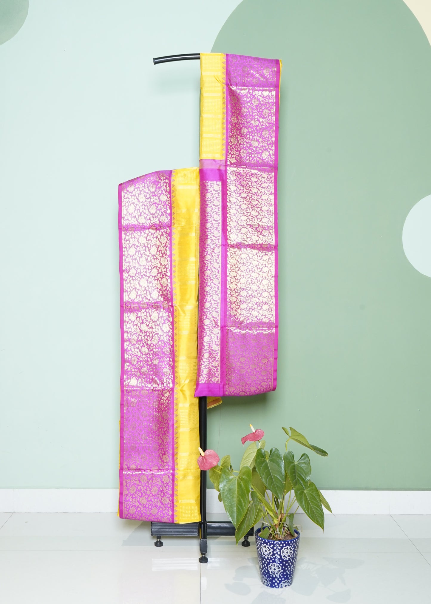 Yellow Venkatagiri Stripe Zari Buti Pure Silk Handloom Saree
