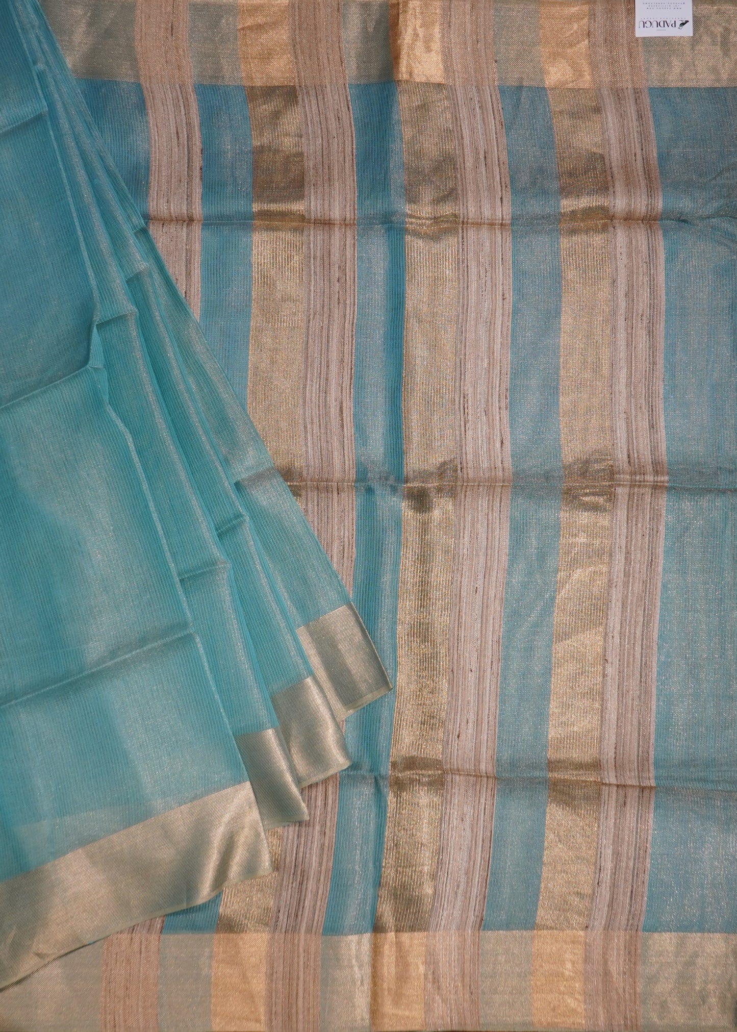 Rama Green Bengal Tussar Tissue Pure Silk Handloom Saree