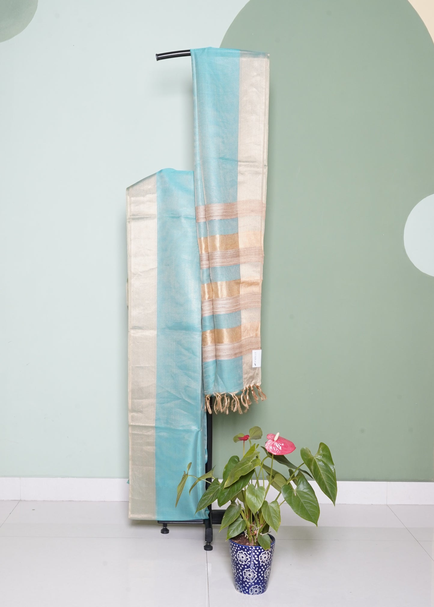 Rama Green Bengal Tussar Tissue Pure Silk Handloom Saree