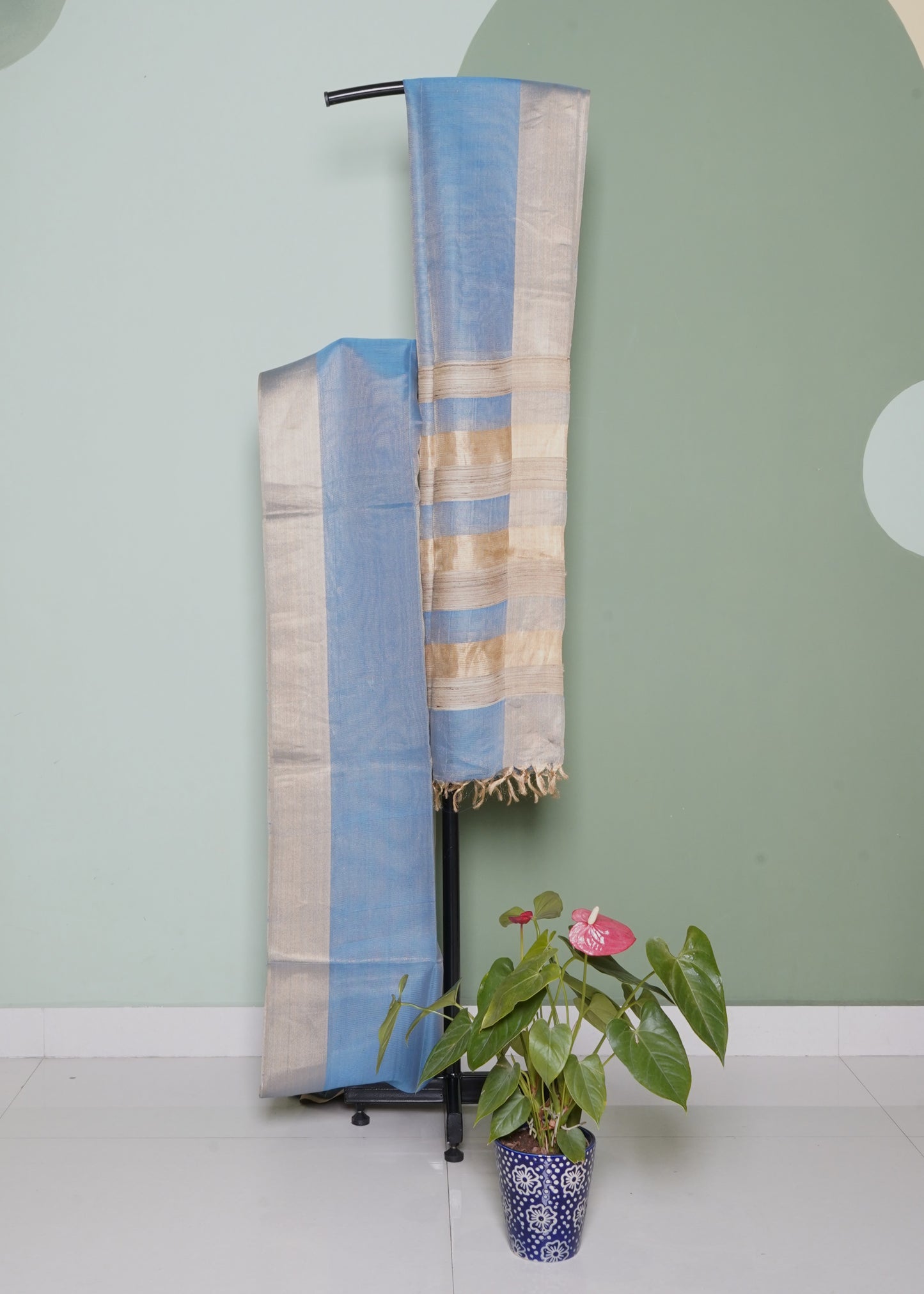 Blue Bengal Tussar Tissue Pure Silk Handloom Saree