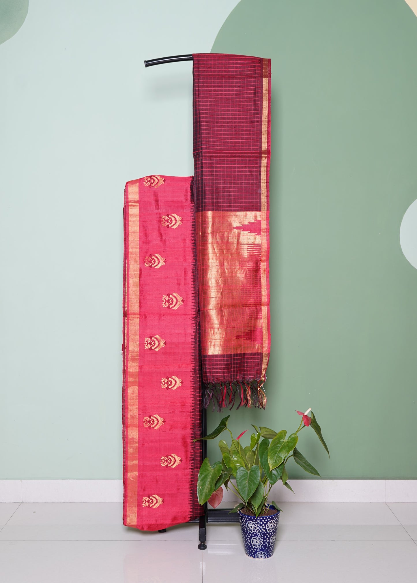 Maroon Raw Silk Zari Buti Pure Handloom Saree