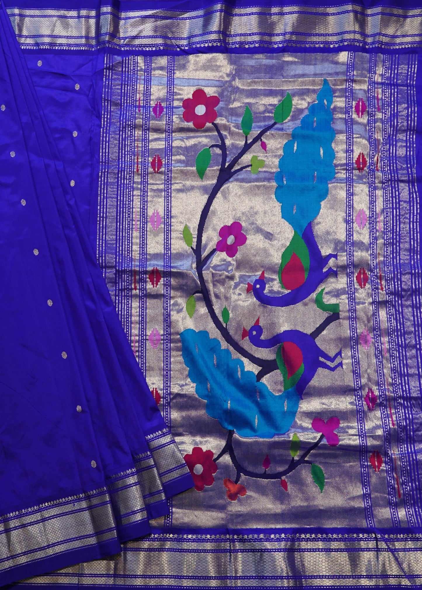 Blue Paithani Zari Buti Narali Border Pure Silk Handloom Saree