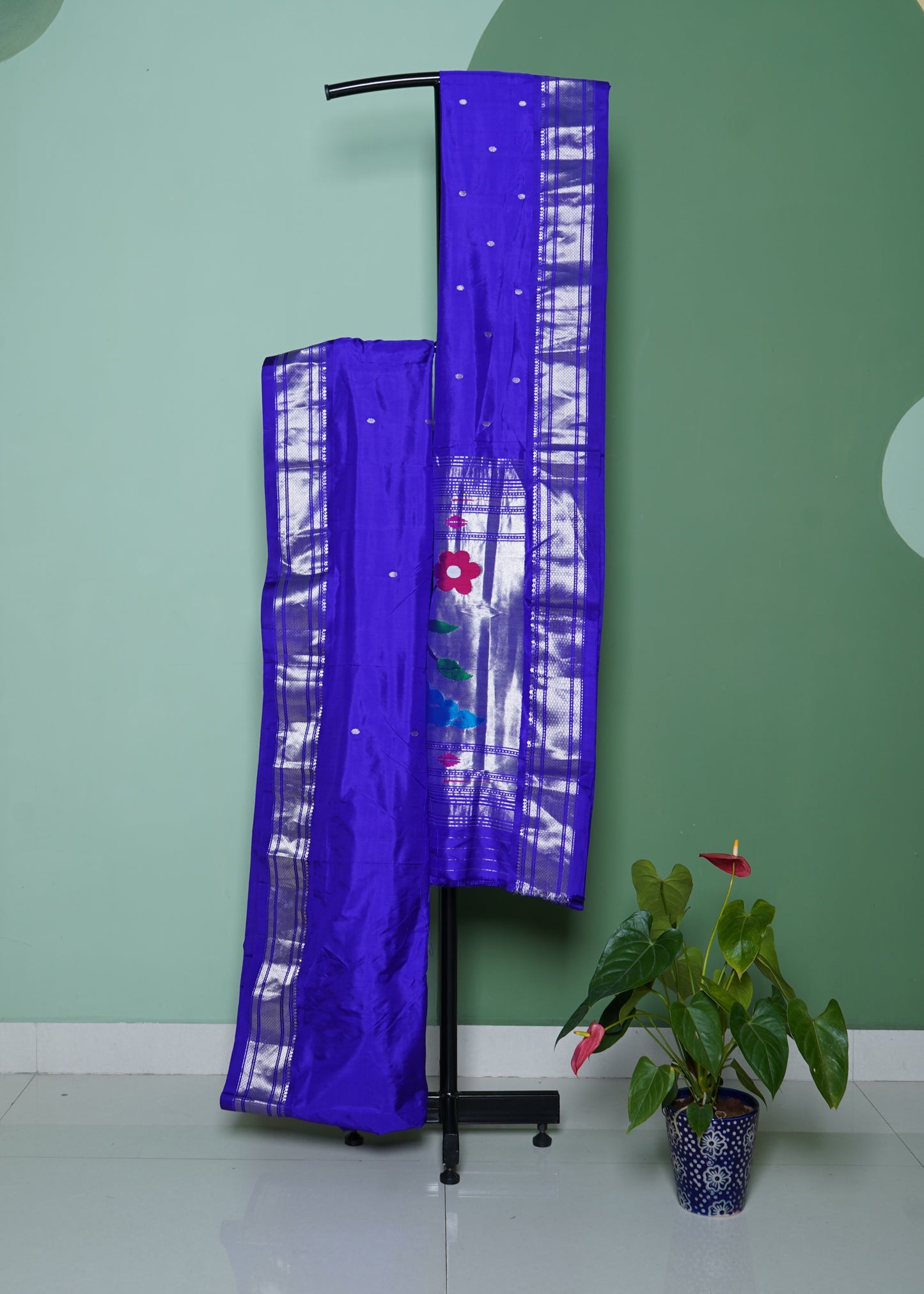 Blue Paithani Zari Buti Narali Border Pure Silk Handloom Saree