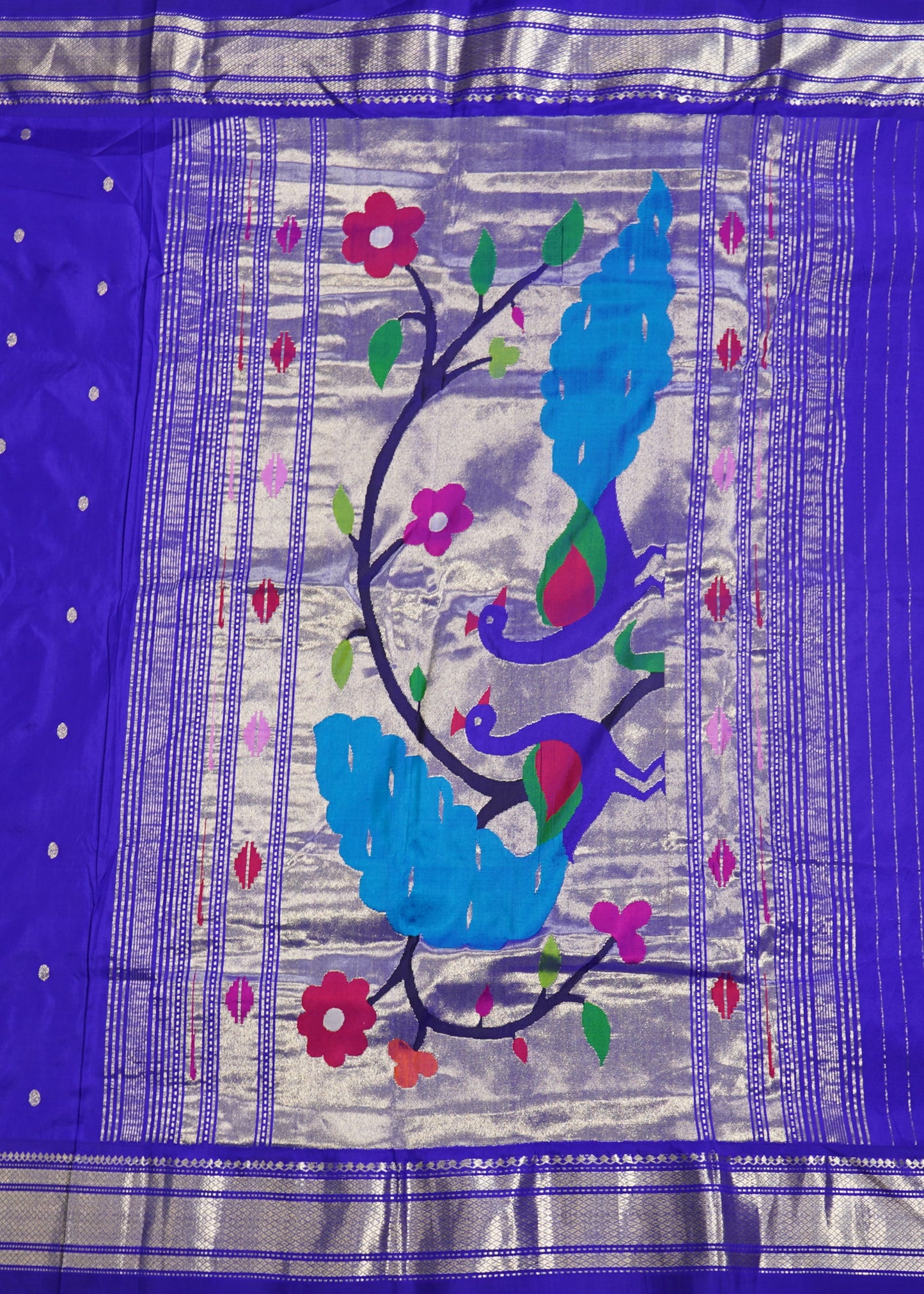 Blue Paithani Zari Buti Narali Border Pure Silk Handloom Saree